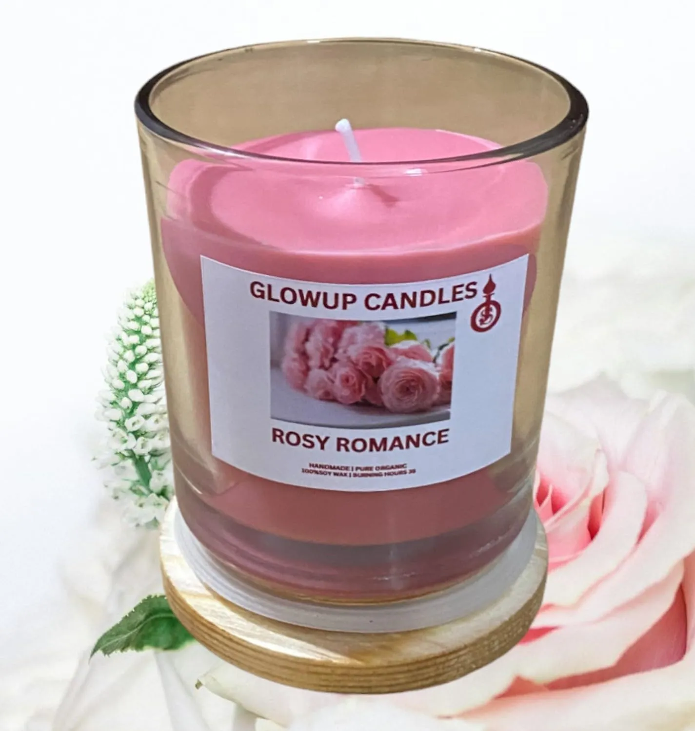 Glowup Candles | Fresh Rose Scented Jar Candle with Wooden Lid | Handmade Fresh Rose Fragrance Candle (35-40 hrs) (100% Pure Soft Wax)
