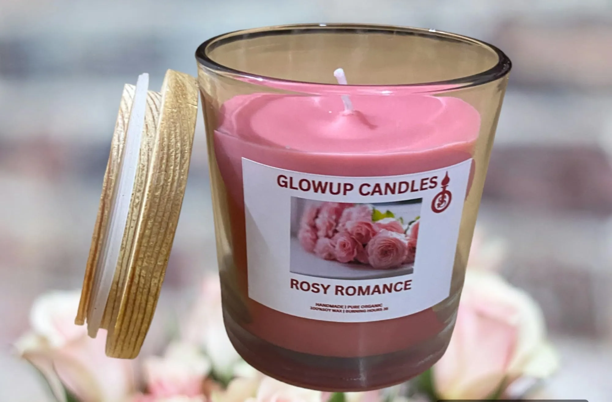 Glowup Candles | Fresh Rose Scented Jar Candle with Wooden Lid | Handmade Fresh Rose Fragrance Candle (35-40 hrs) (100% Pure Soft Wax)