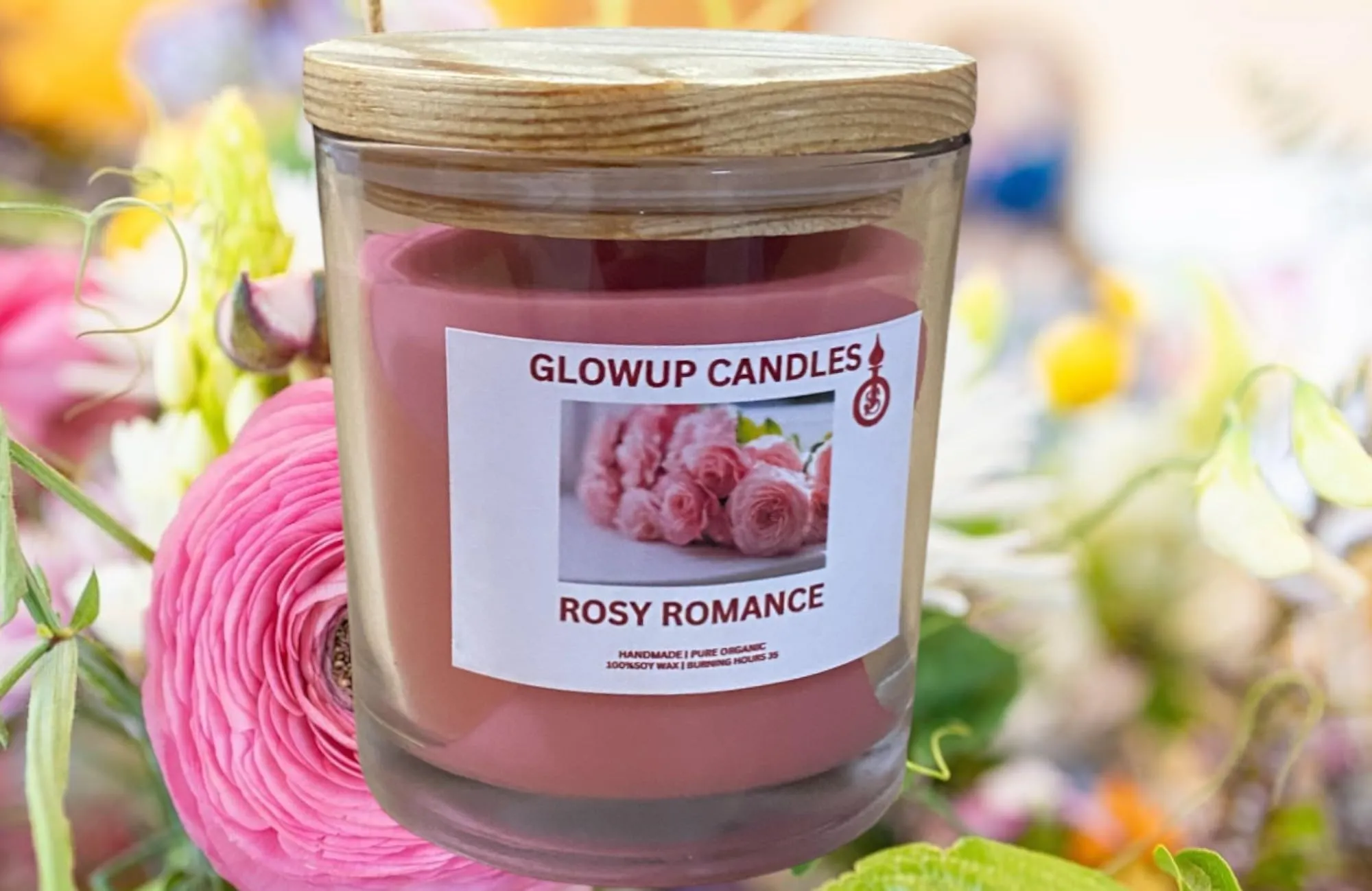 Glowup Candles | Fresh Rose Scented Jar Candle with Wooden Lid | Handmade Fresh Rose Fragrance Candle (35-40 hrs) (100% Pure Soft Wax)