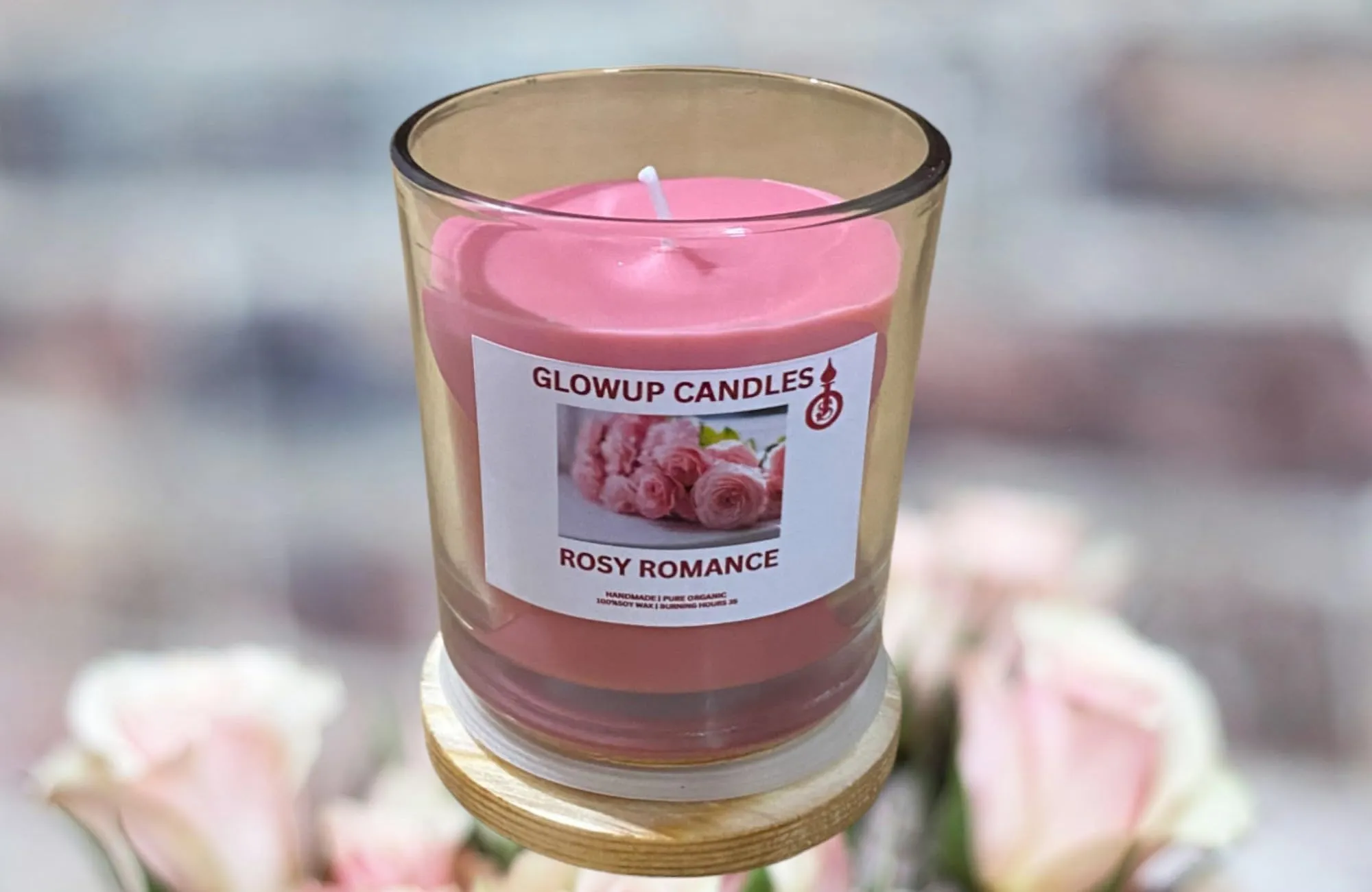 Glowup Candles | Fresh Rose Scented Jar Candle with Wooden Lid | Handmade Fresh Rose Fragrance Candle (35-40 hrs) (100% Pure Soft Wax)
