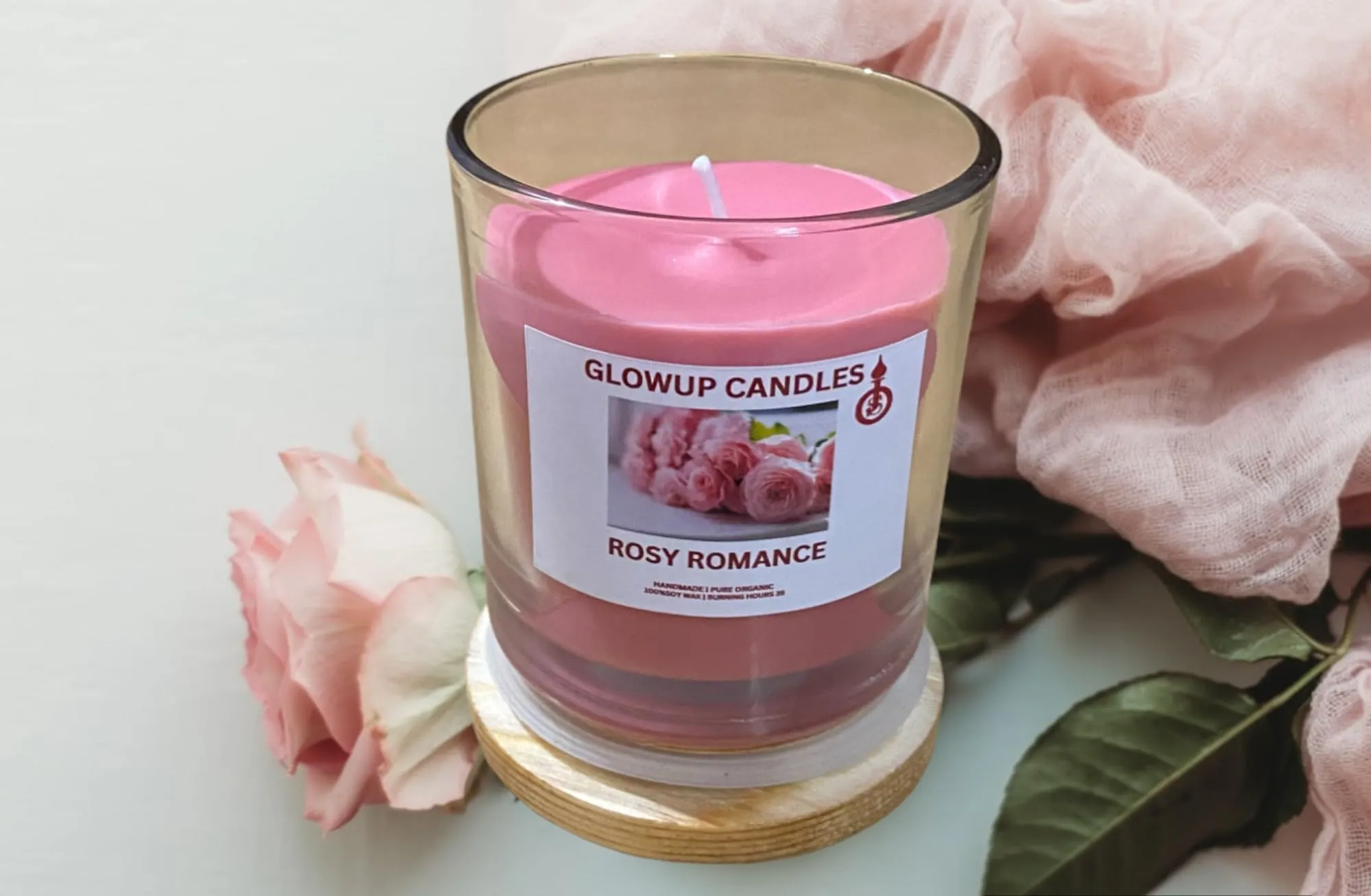 Glowup Candles | Fresh Rose Scented Jar Candle with Wooden Lid | Handmade Fresh Rose Fragrance Candle (35-40 hrs) (100% Pure Soft Wax)