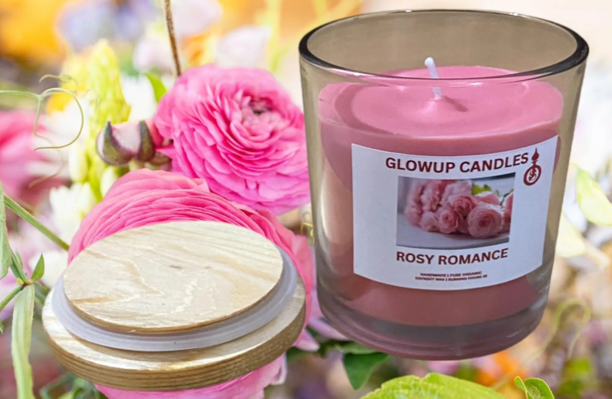 Glowup Candles | Fresh Rose Scented Jar Candle with Wooden Lid | Handmade Fresh Rose Fragrance Candle (35-40 hrs) (100% Pure Soft Wax)