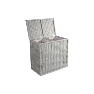 Grey 2 Compartments Wicker Laundry Basket with Lining