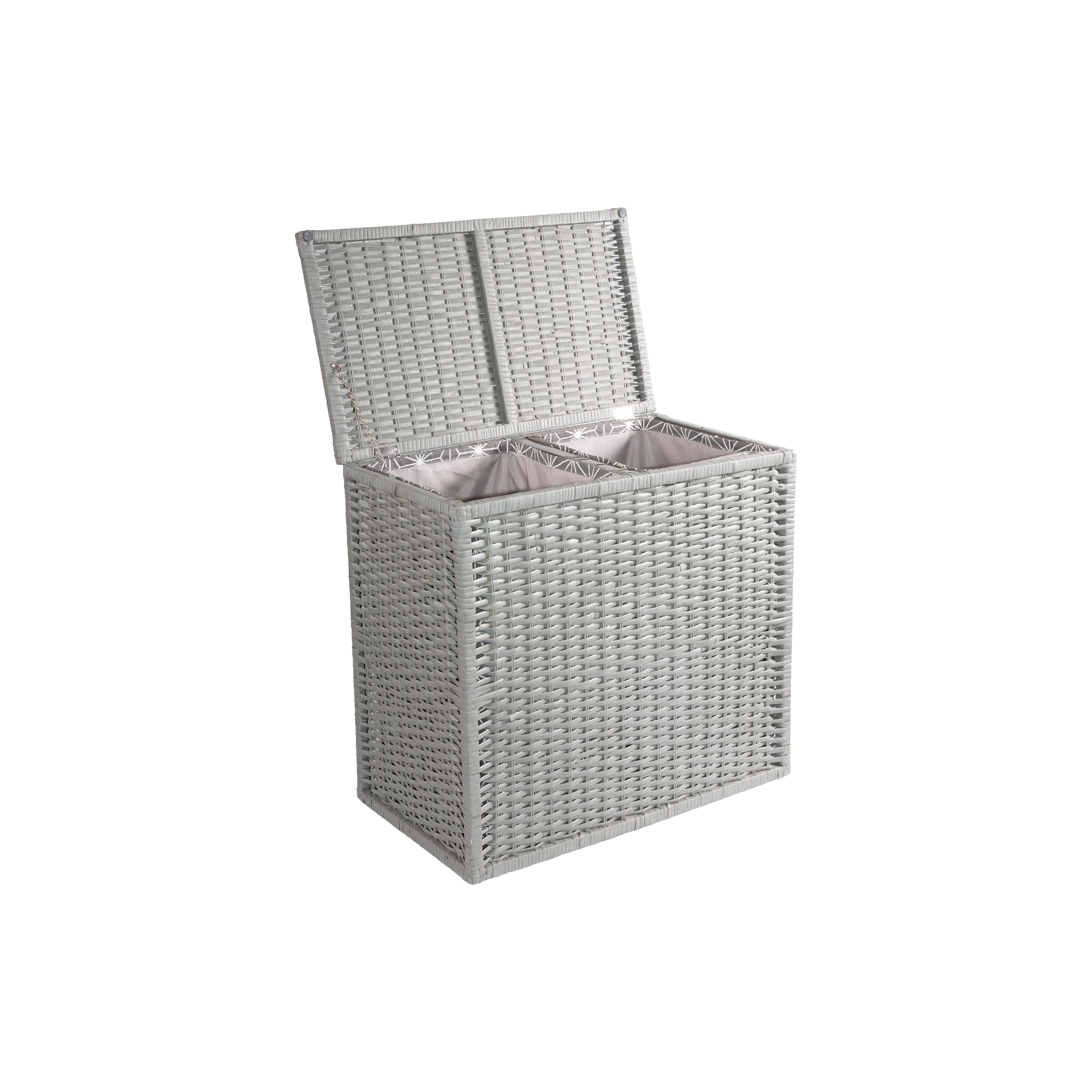Grey 2 Compartments Wicker Laundry Basket with Lining