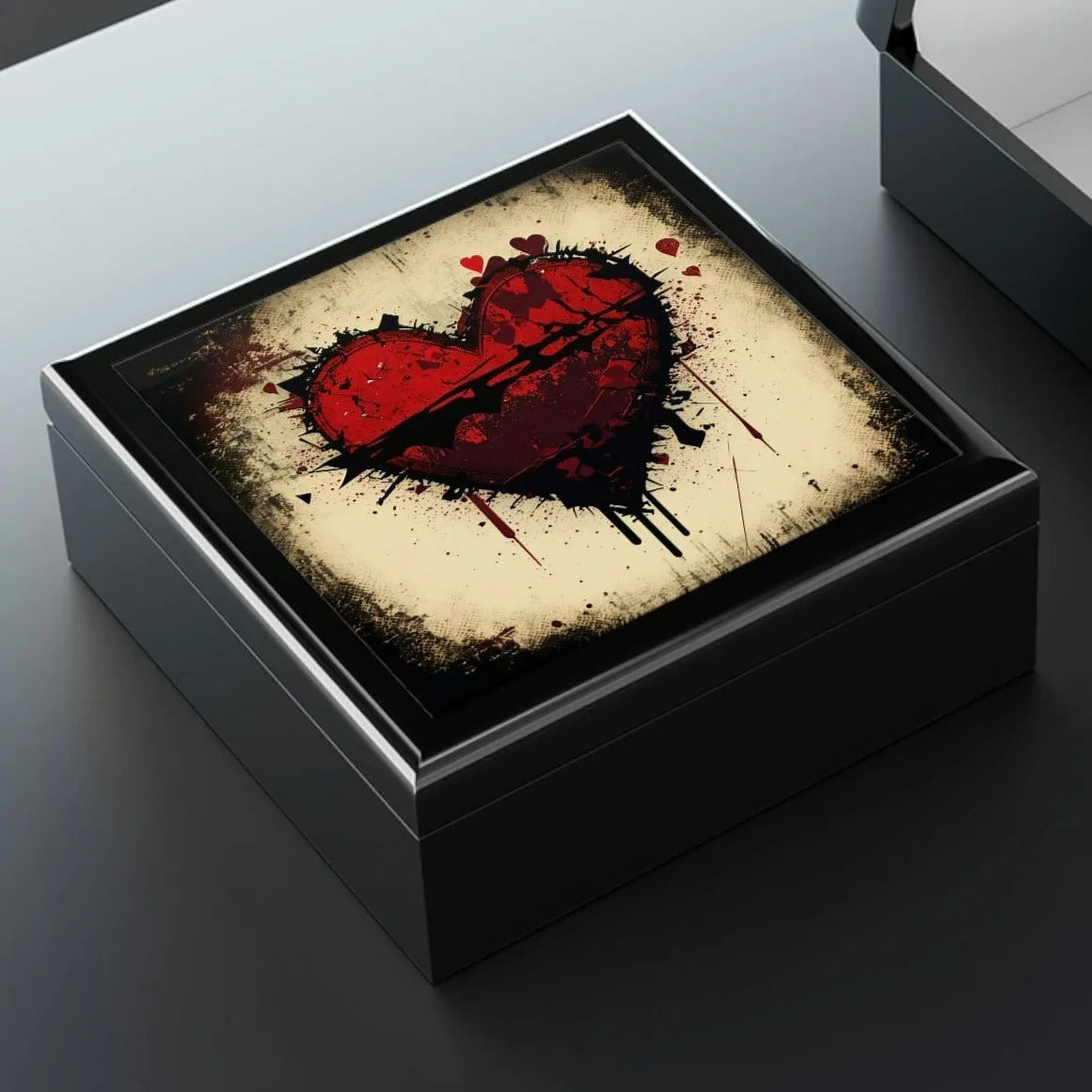 Grunge Heart Wood Keepsake Jewelry Box with Ceramic Tile Cover