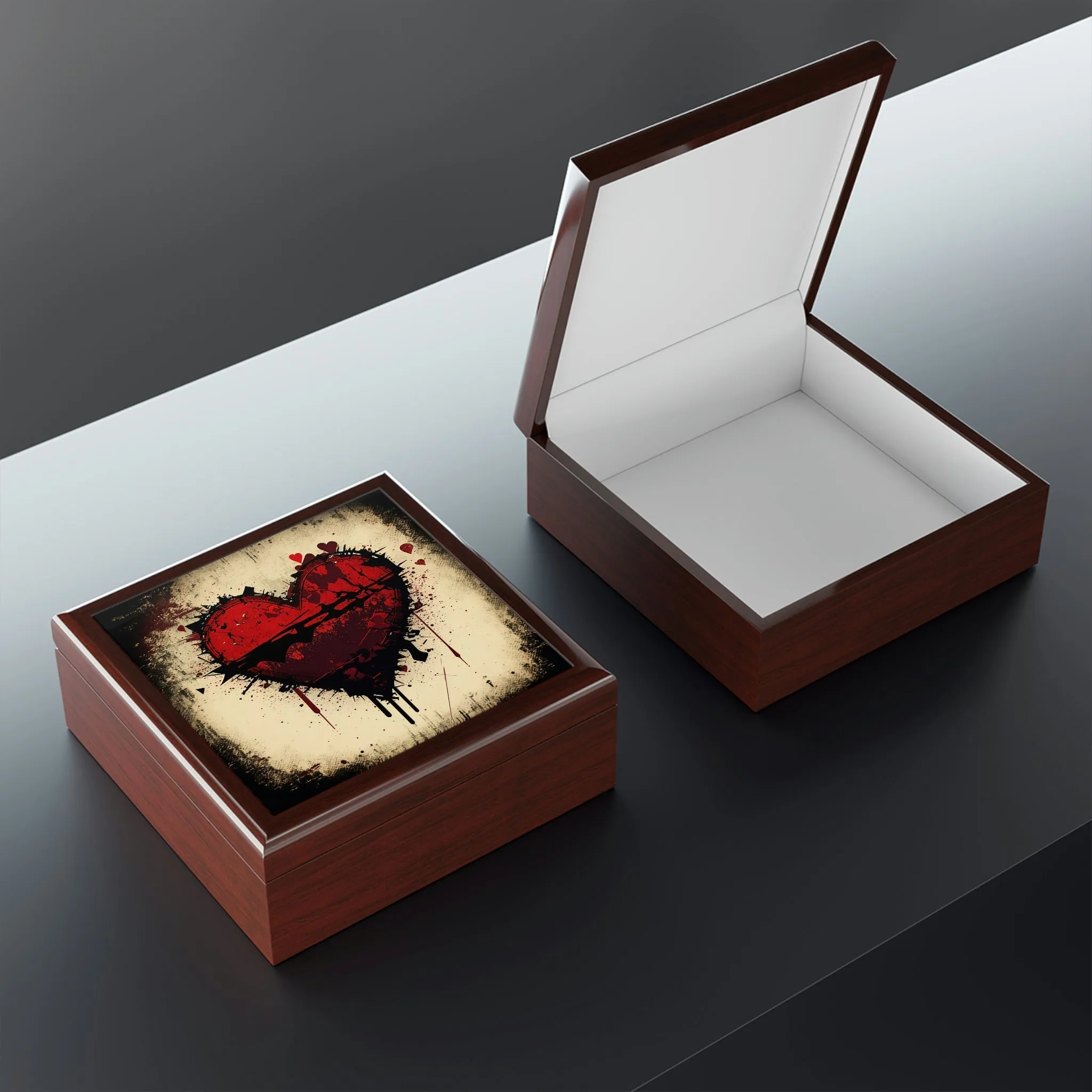 Grunge Heart Wood Keepsake Jewelry Box with Ceramic Tile Cover
