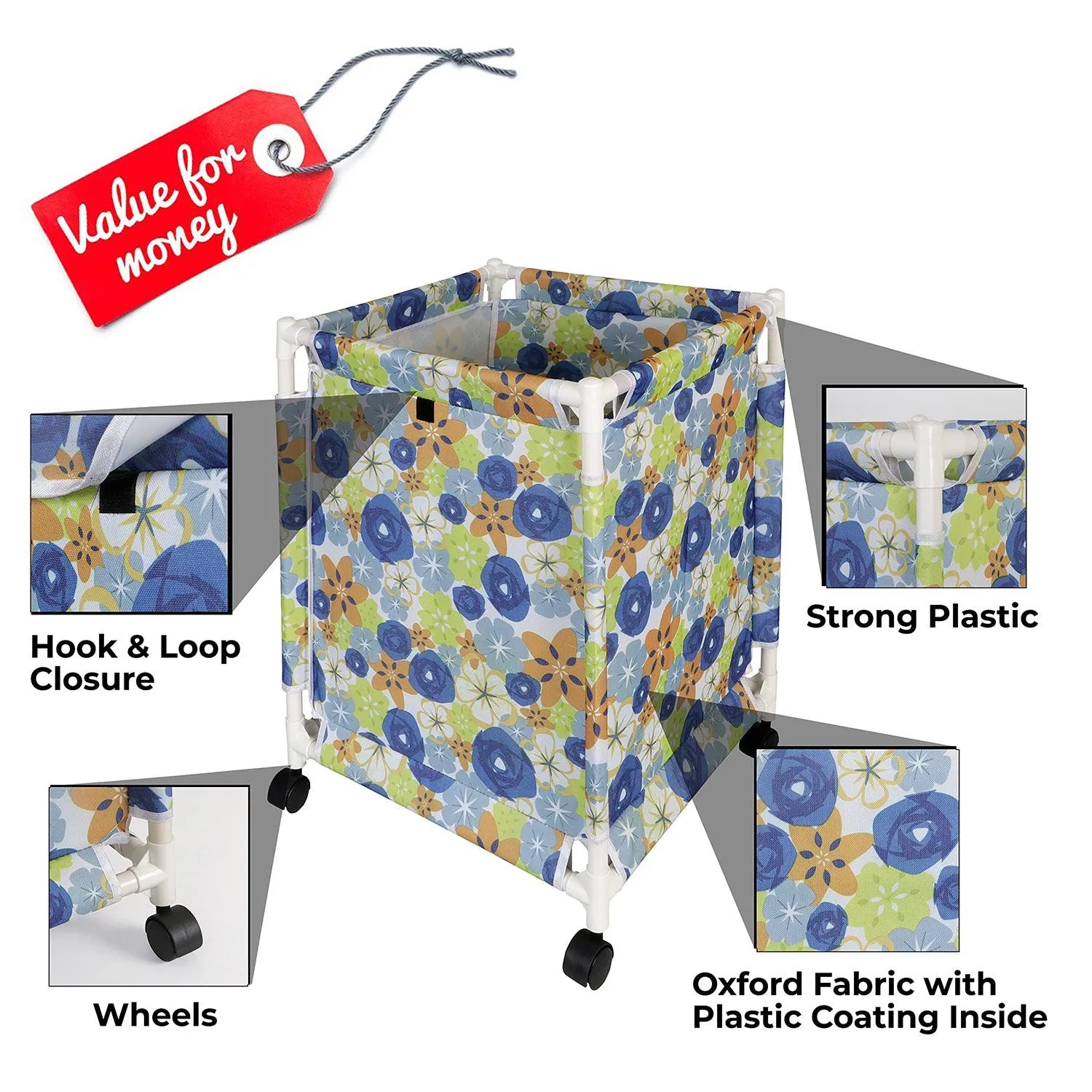 HOKIPO Oxford Fabric Laundry Basket Trolley With Wheels - 60x44x44 cm, Multicolor