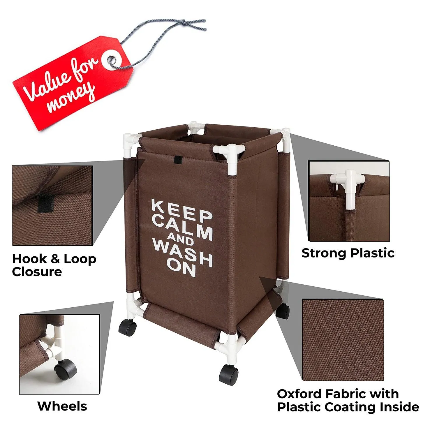 HOKIPO Oxford Fabric Laundry Basket Trolley With Wheels - 65x35x35 cm, Brown