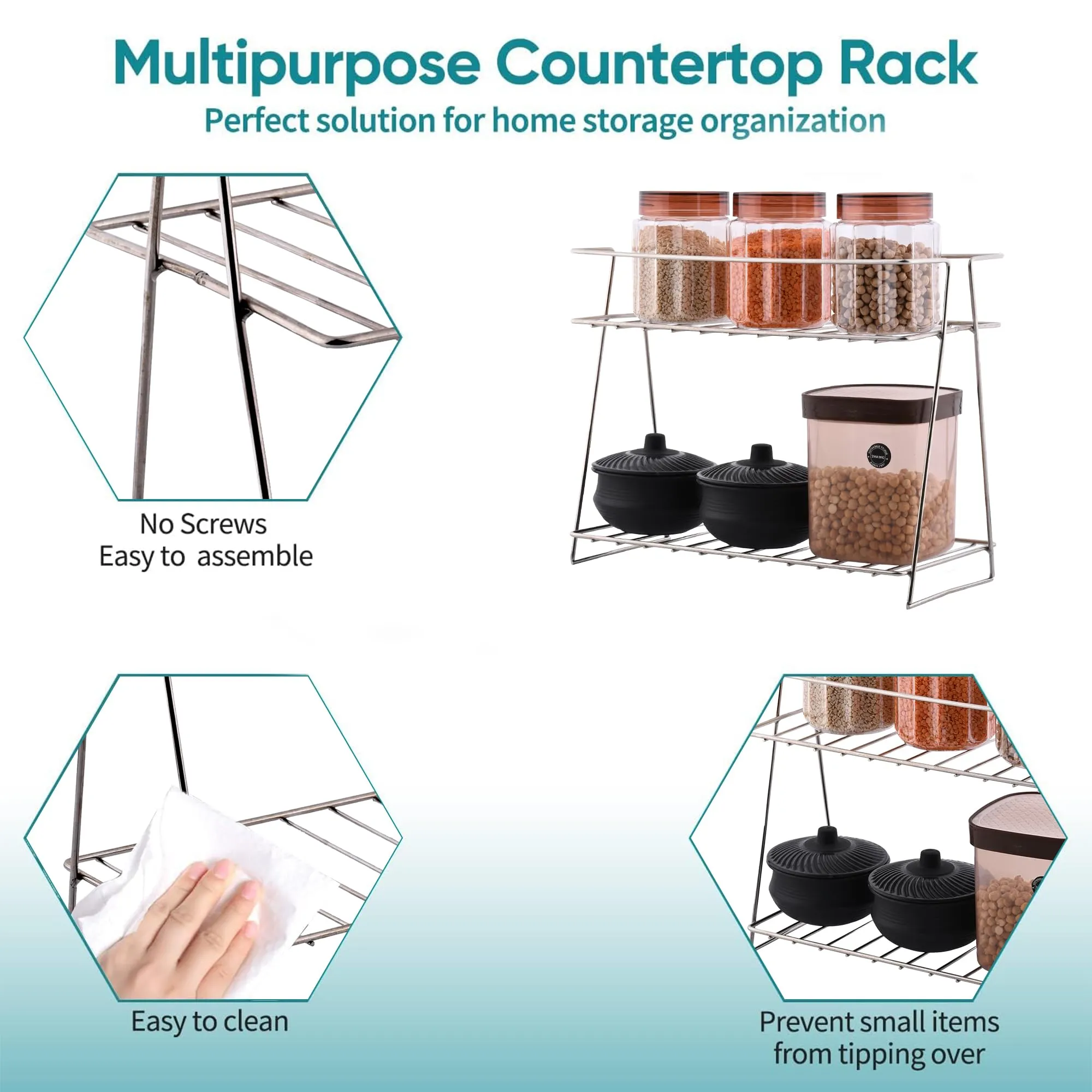 Homestic 2-Layer Stainless Steel Corner Stand for Kitchen - Multipurpose Counter Top Spice Rack Trolley Organizer | Silver