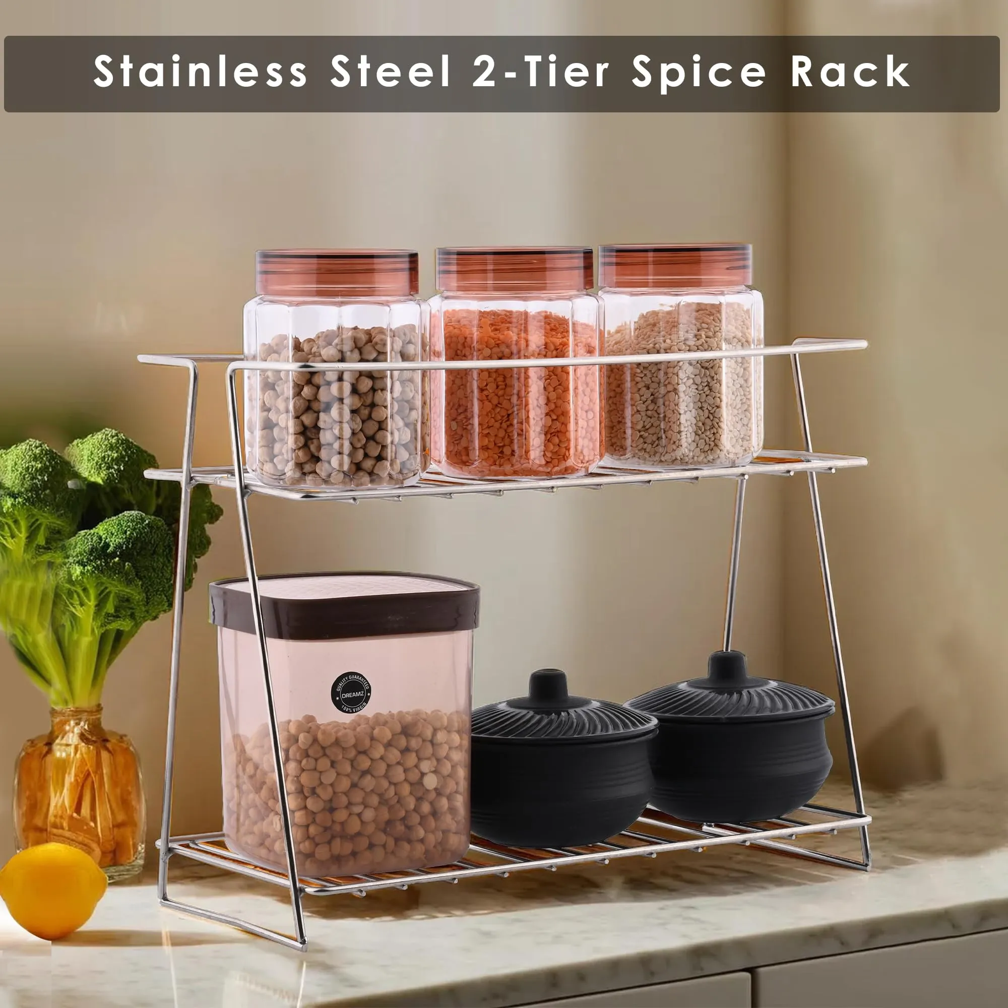Homestic 2-Layer Stainless Steel Corner Stand for Kitchen - Multipurpose Counter Top Spice Rack Trolley Organizer | Silver