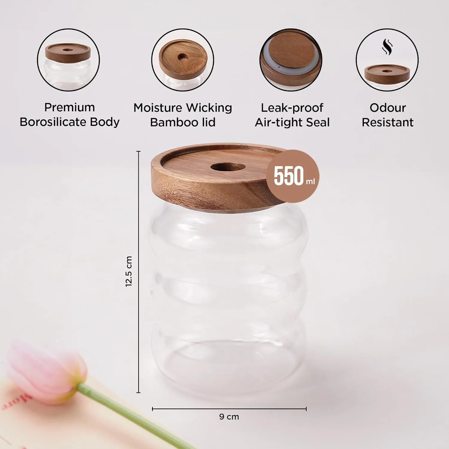 Homestic Borosilicate Glass Jar with Bamboo Lid | Kitchen Organizer Items & Storage | Multi-utility, Leakproof, Airtight Storage Jar for Cookies, Snacks, Tea, Coffee, Sugar | Set of 2 (550ml)