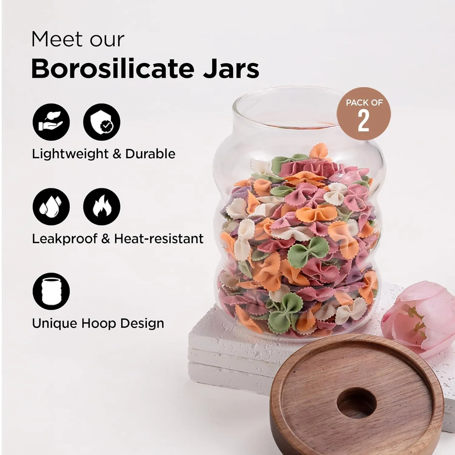 Homestic Borosilicate Glass Jar with Bamboo Lid | Kitchen Organizer Items & Storage | Multi-utility, Leakproof, Airtight Storage Jar for Cookies, Snacks, Tea, Coffee, Sugar | Set of 2 (550ml)