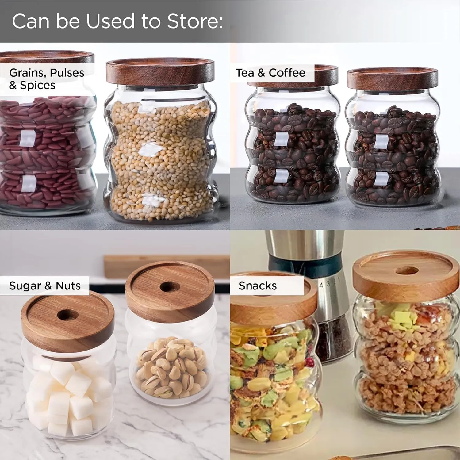 Homestic Borosilicate Glass Jar with Bamboo Lid | Kitchen Organizer Items & Storage | Multi-utility, Leakproof, Airtight Storage Jar for Cookies, Snacks, Tea, Coffee, Sugar | Set of 2 (550ml)