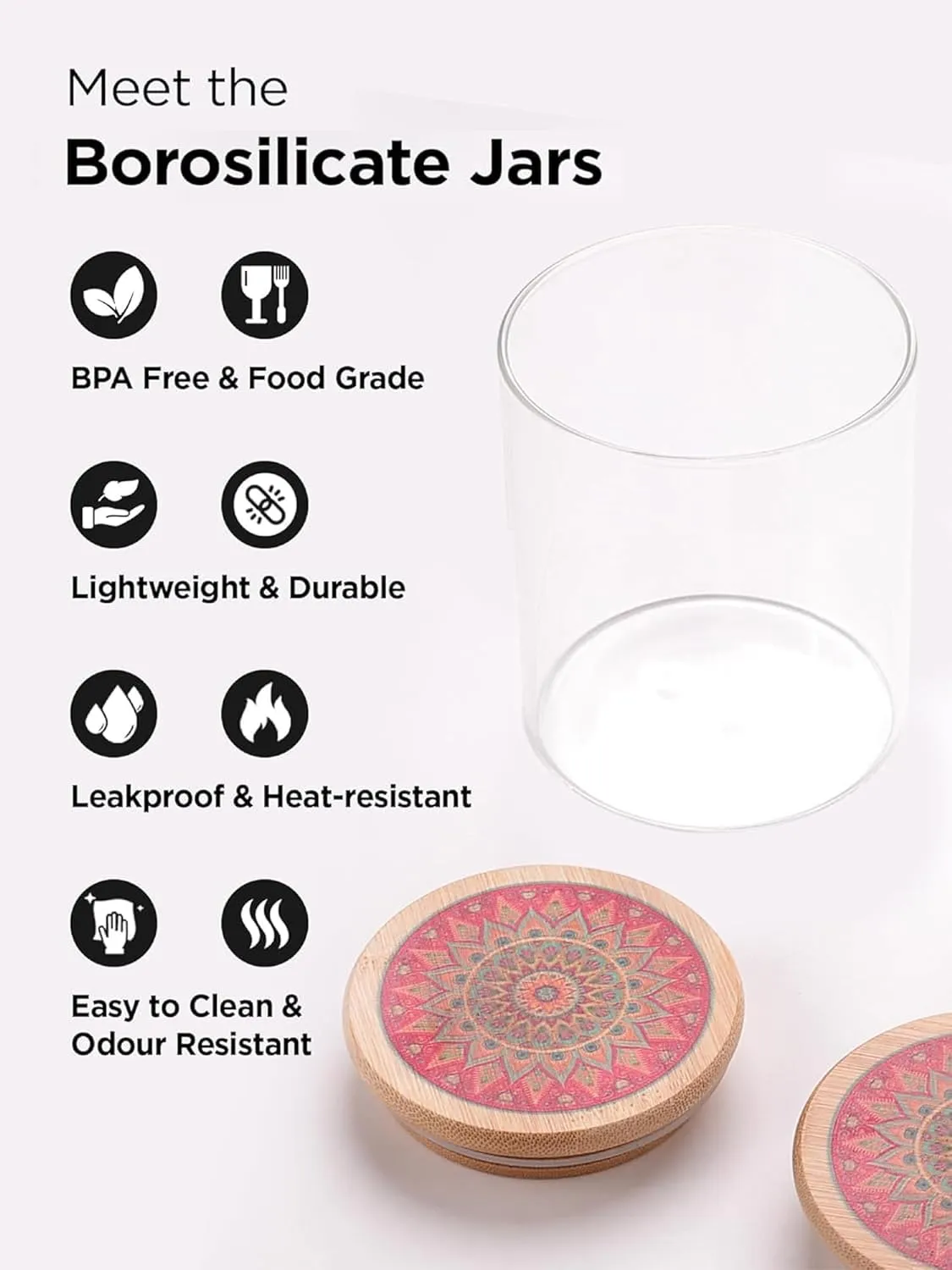 Homestic Borosilicate Glass Jar with Printed Bamboo Lid|Kitchen Organizer Items and Storage|Multi-utility, Leakproof, Airtight Storage Jar for Cookies,Snacks,Tea,Coffee,Sugar|Pack of 6(300ml)