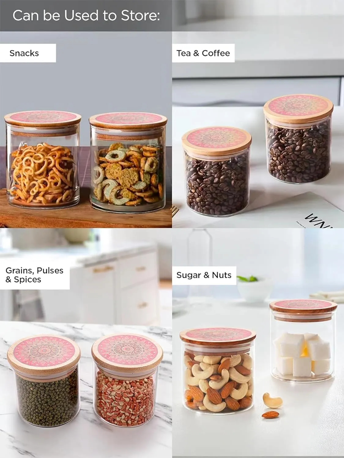 Homestic Borosilicate Glass Jar with Printed Bamboo Lid|Kitchen Organizer Items and Storage|Multi-utility, Leakproof, Airtight Storage Jar for Cookies,Snacks,Tea,Coffee,Sugar|Pack of 6(300ml)