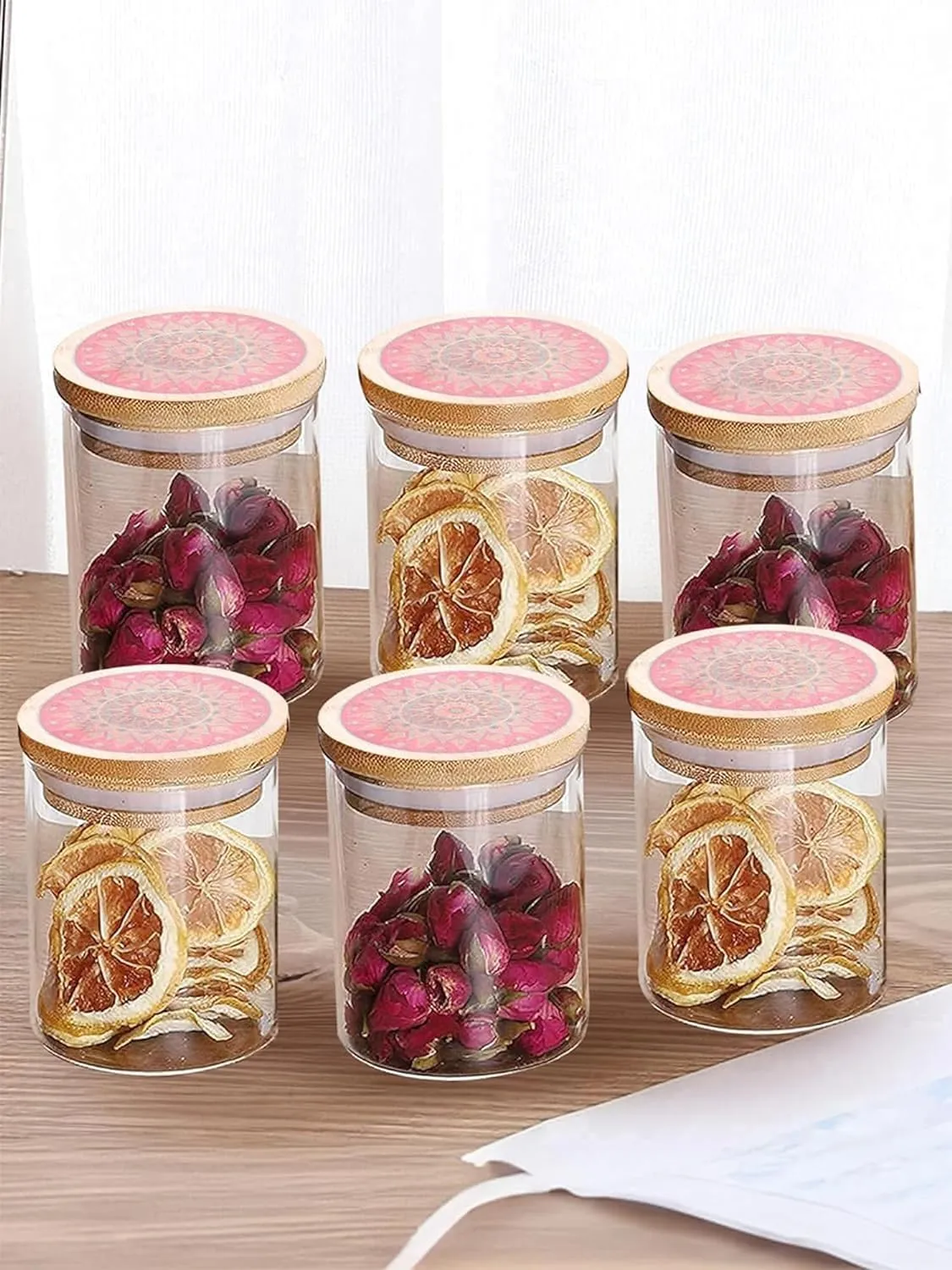 Homestic Borosilicate Glass Jar with Printed Bamboo Lid|Kitchen Organizer Items and Storage|Multi-utility, Leakproof, Airtight Storage Jar for Cookies,Snacks,Tea,Coffee,Sugar|Pack of 6(300ml)