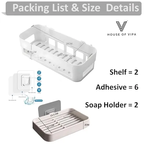HOUSE OF VIPA Bathroom Shelf for Wall, Self-Adhesive Bathroom Organiser with Towel Holder, Ideal Bathroom Accessories for Efficient Space Utilisation (2 Bathroom Shelves  2 Shop Dish (White), 4 Pack)