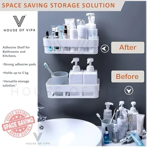 HOUSE OF VIPA Bathroom Shelf for Wall, Self-Adhesive Bathroom Organiser with Towel Holder, Ideal Bathroom Accessories for Efficient Space Utilisation (2 Bathroom Shelves  2 Shop Dish (White), 4 Pack)
