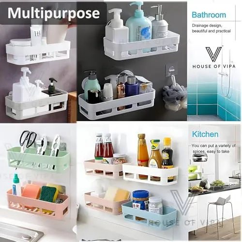 HOUSE OF VIPA Bathroom Shelf for Wall, Self-Adhesive Bathroom Organiser with Towel Holder, Ideal Bathroom Accessories for Efficient Space Utilisation (2 Bathroom Shelves  2 Shop Dish (White), 4 Pack)