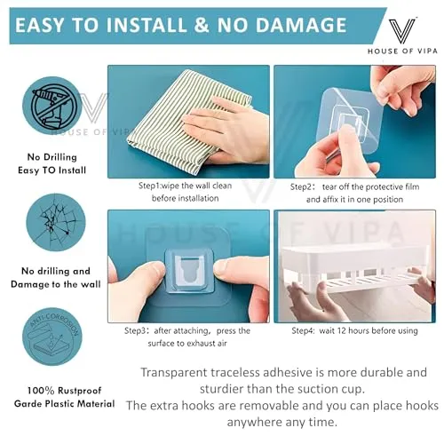 HOUSE OF VIPA Bathroom Shelf for Wall, Self-Adhesive Bathroom Organiser with Towel Holder, Ideal Bathroom Accessories for Efficient Space Utilisation (2 Bathroom Shelves  2 Shop Dish (White), 4 Pack)