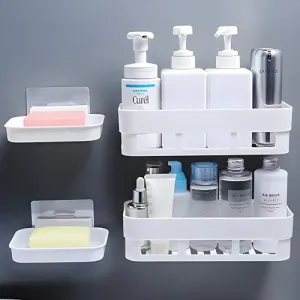 HOUSE OF VIPA Bathroom Shelf for Wall, Self-Adhesive Bathroom Organiser with Towel Holder, Ideal Bathroom Accessories for Efficient Space Utilisation (2 Bathroom Shelves  2 Shop Dish (White), 4 Pack)