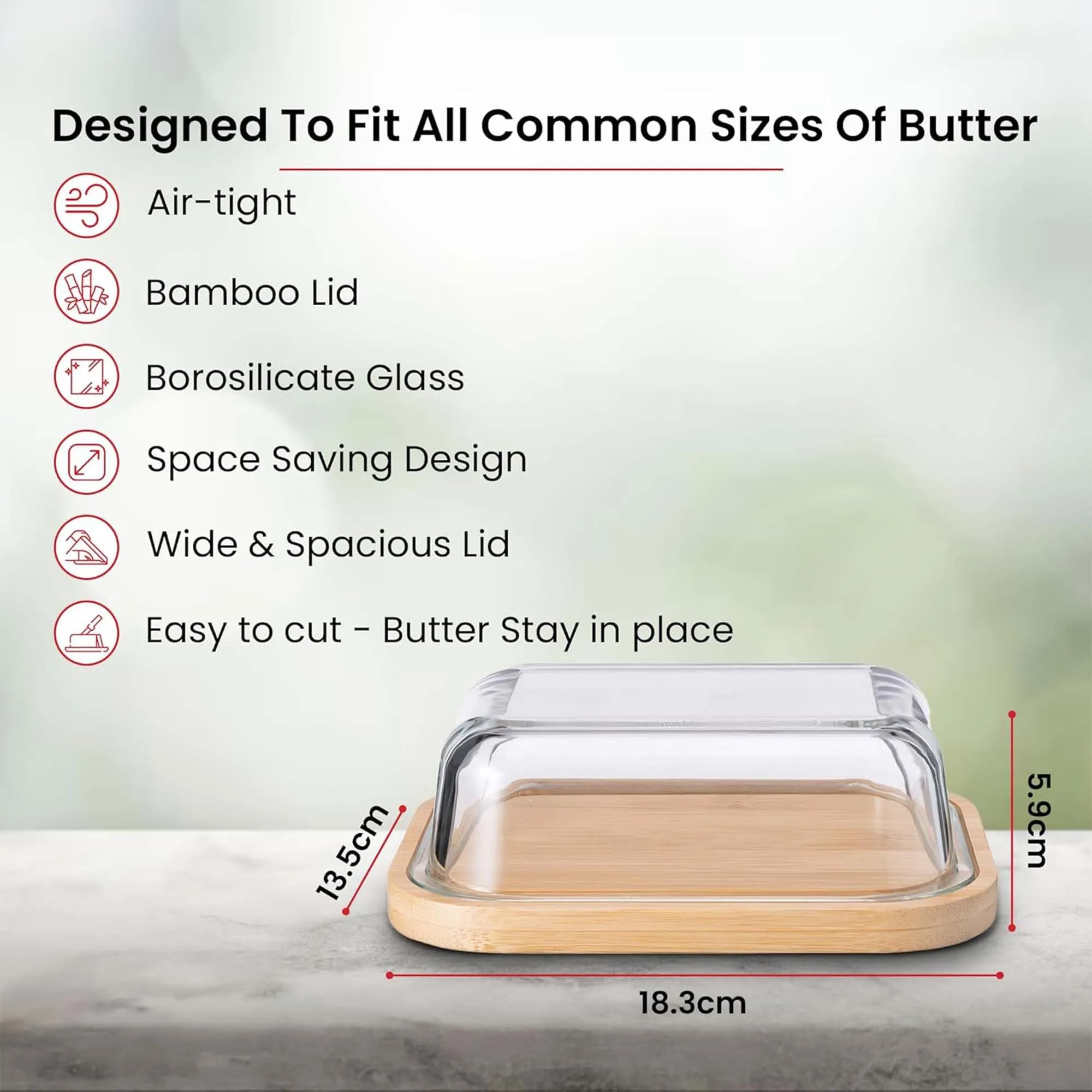Kuber Industries 640ml Borosilicate Galss Butter Dish Kitchen Containers Set with bamboo Wooden Lid | Multipurpose Dal, Snacks & Vegetable Storage Box for Fridge Organizers | Transparent
