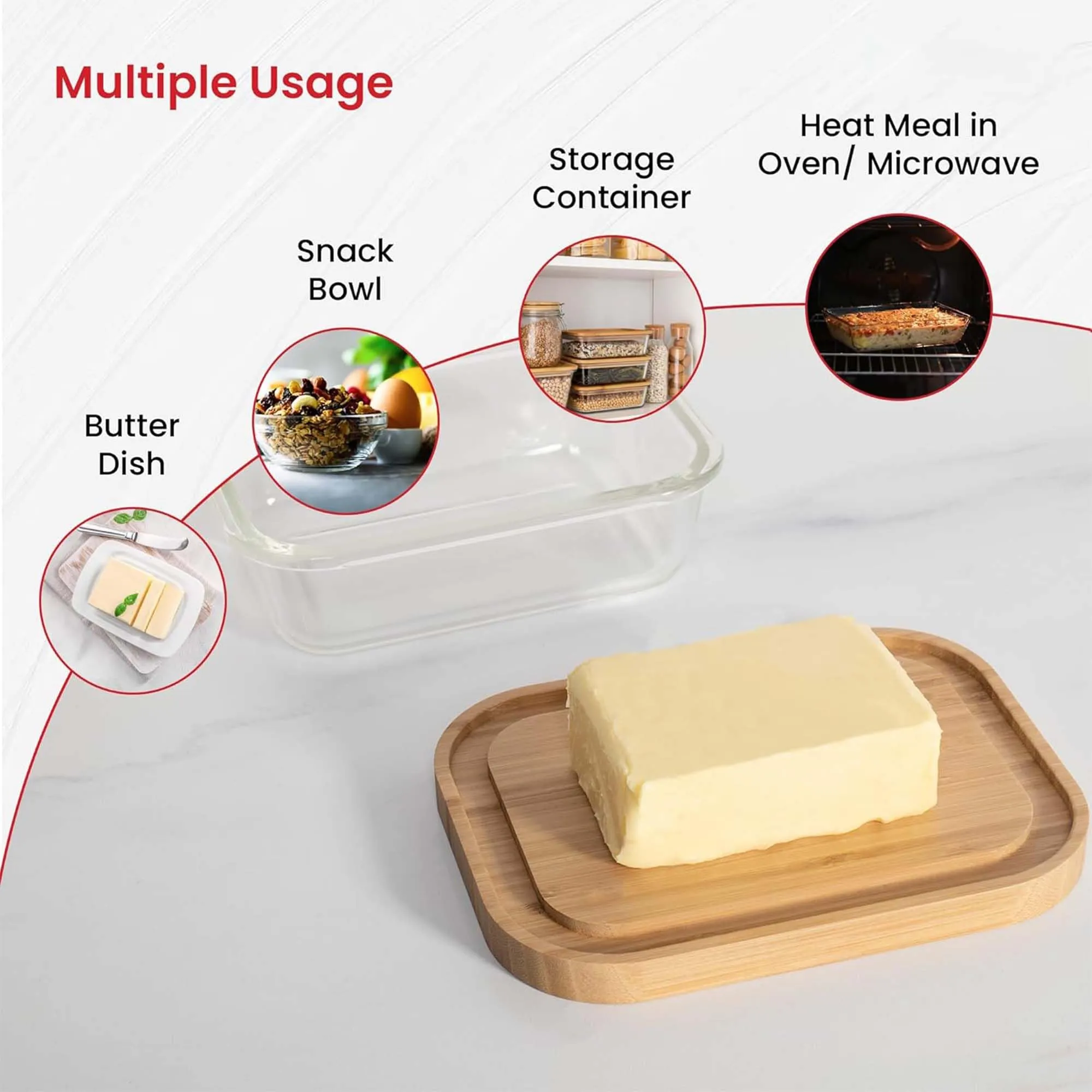 Kuber Industries 640ml Borosilicate Galss Butter Dish Kitchen Containers Set with bamboo Wooden Lid | Multipurpose Dal, Snacks & Vegetable Storage Box for Fridge Organizers | Transparent