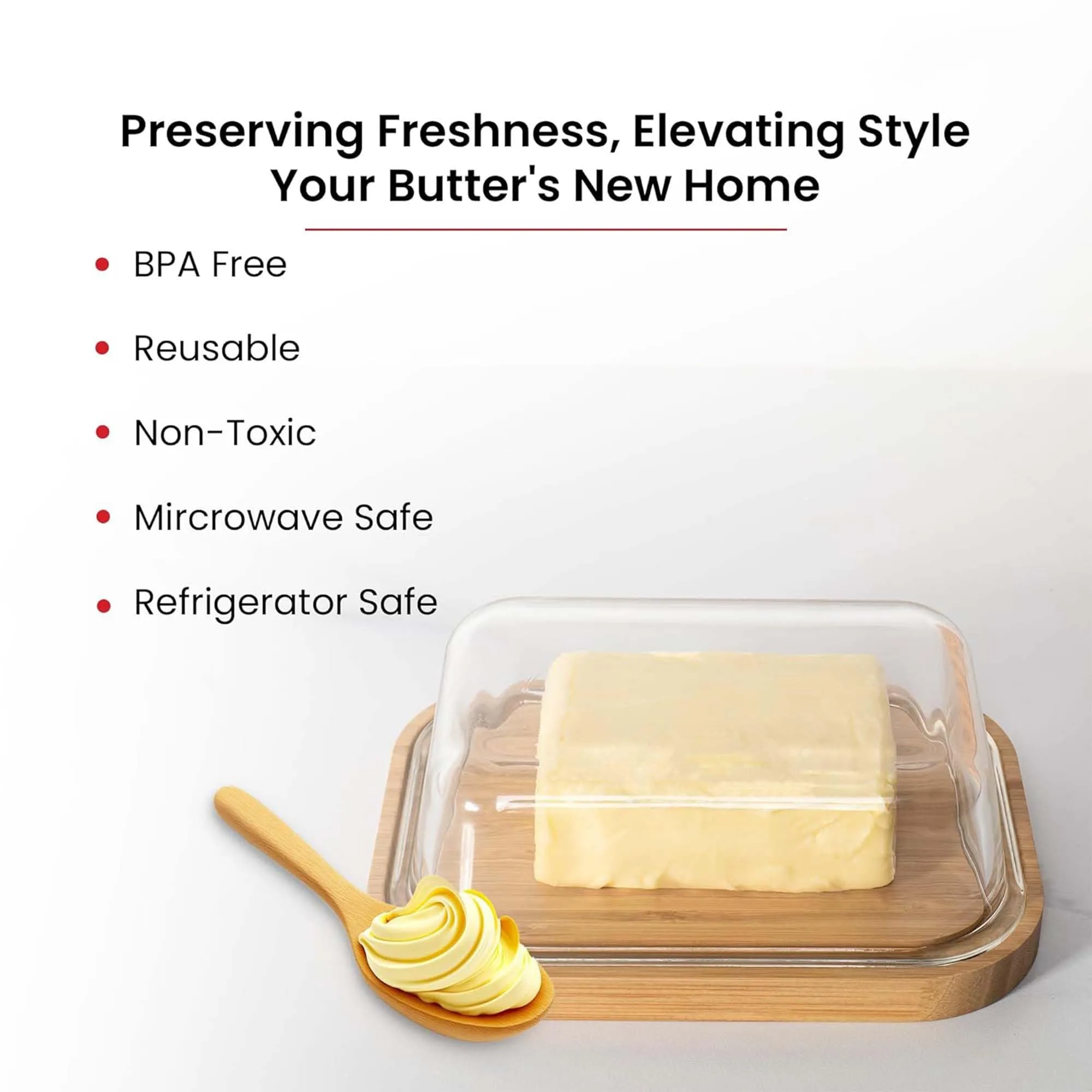 Kuber Industries 640ml Borosilicate Galss Butter Dish Kitchen Containers Set with bamboo Wooden Lid | Multipurpose Dal, Snacks & Vegetable Storage Box for Fridge Organizers | Transparent
