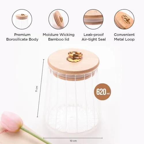 Kuber Industries Borosilicate Glass Jar with Bamboo Lid | Kitchen Organizer Items and Storage | Multi-utility, Leakproof, Airtight Jar for Cookies, Snacks, Tea, Coffee, Sugar | 620 ml | pack of 3
