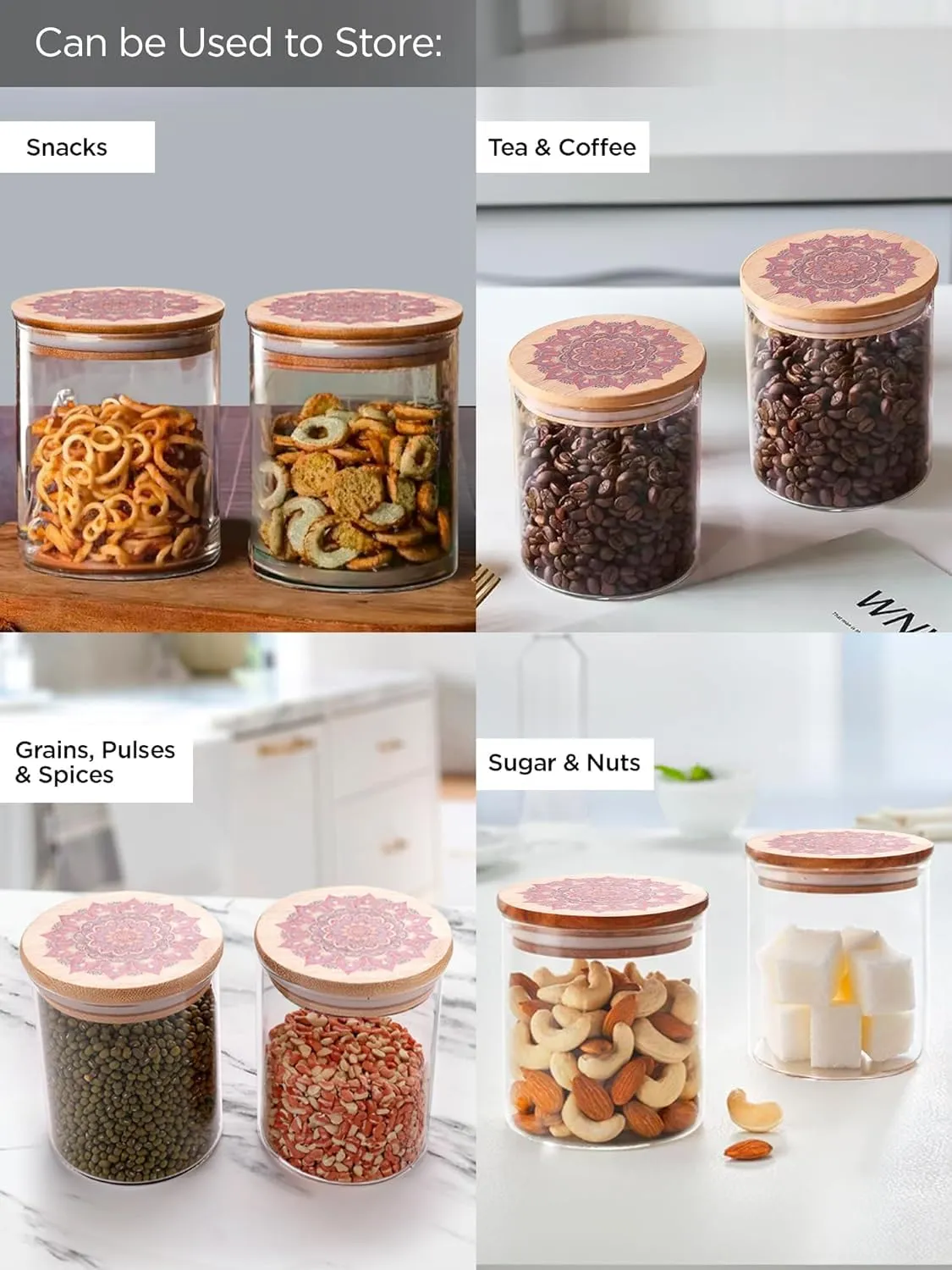 Kuber Industries Borosilicate Glass Jar with Printed Bamboo Lid|Kitchen Organizer Items and Storage|Multi-utility, Leakproof, Airtight Storage Jar for Cookies,Snacks,Tea,Coffee,Sugar|Pack of 2(1000ml)