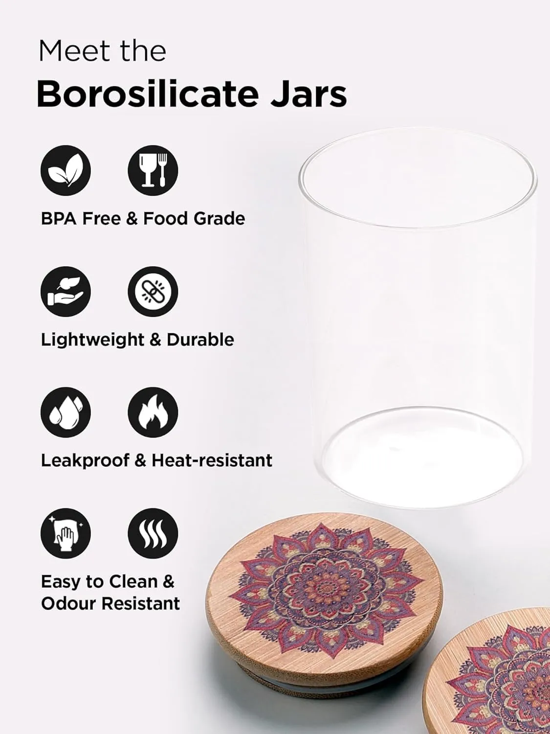 Kuber Industries Borosilicate Glass Jar with Printed Bamboo Lid|Kitchen Organizer Items and Storage|Multi-utility, Leakproof, Airtight Storage Jar for Cookies,Snacks,Tea,Coffee,Sugar|Pack of 2(1000ml)