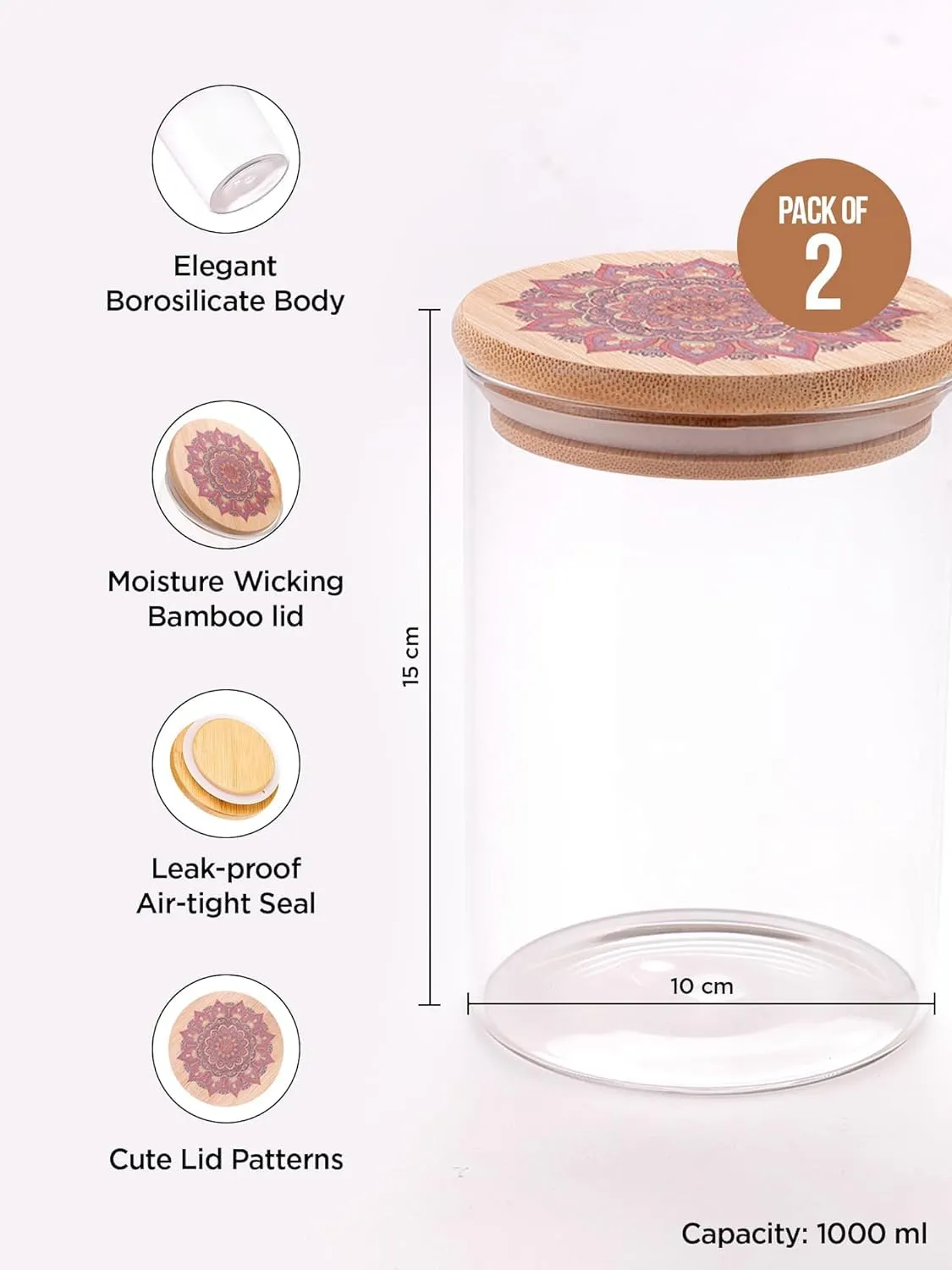 Kuber Industries Borosilicate Glass Jar with Printed Bamboo Lid|Kitchen Organizer Items and Storage|Multi-utility, Leakproof, Airtight Storage Jar for Cookies,Snacks,Tea,Coffee,Sugar|Pack of 2(1000ml)