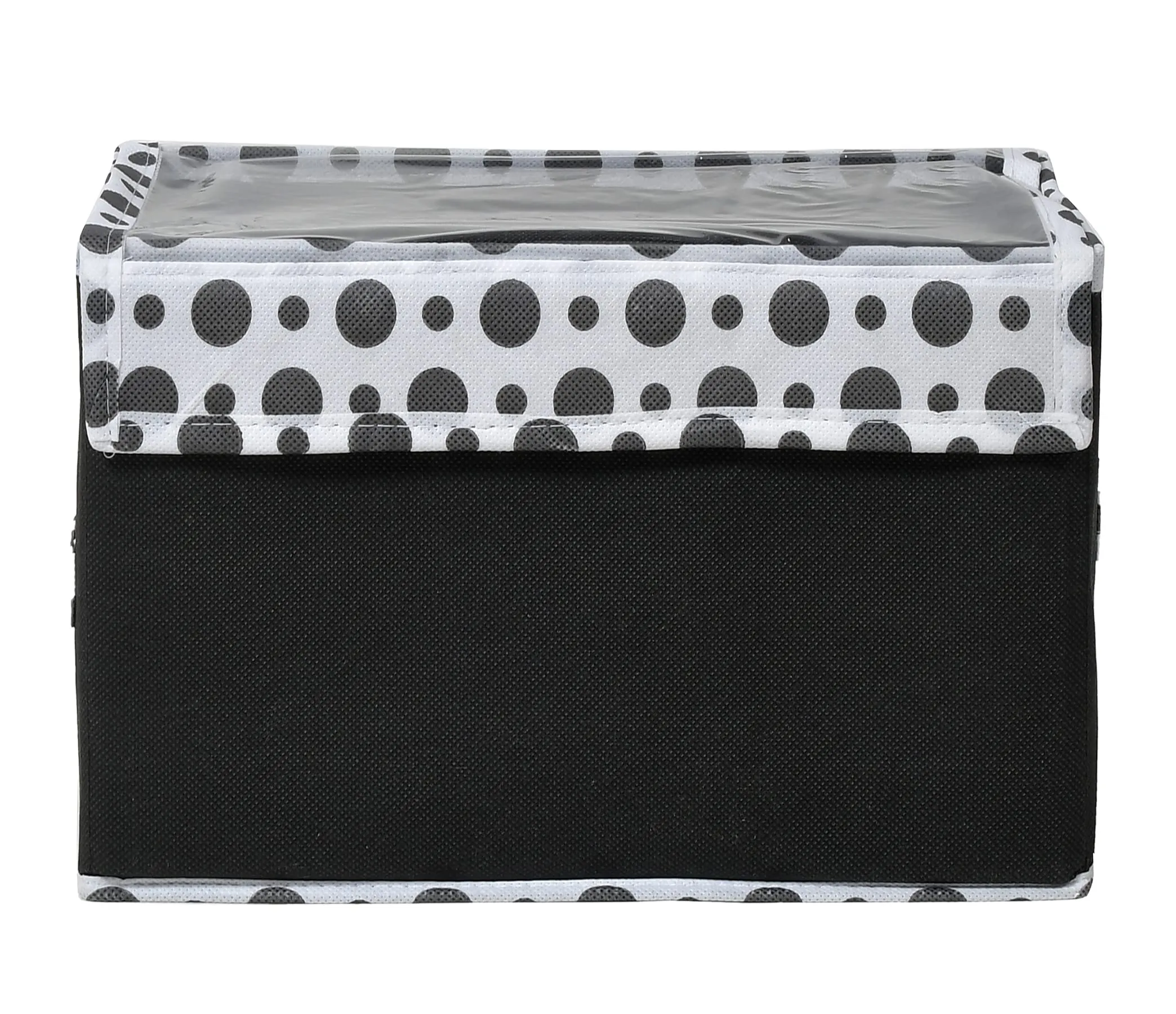 Kuber Industries Foldable Boxes For Storage - Multipurpose Storage Organizer For Clothes | Wardrobe | Closet | Toys | Books - Undergarment Organizer Basket With Handle And Lid (Black With Polka Dots)