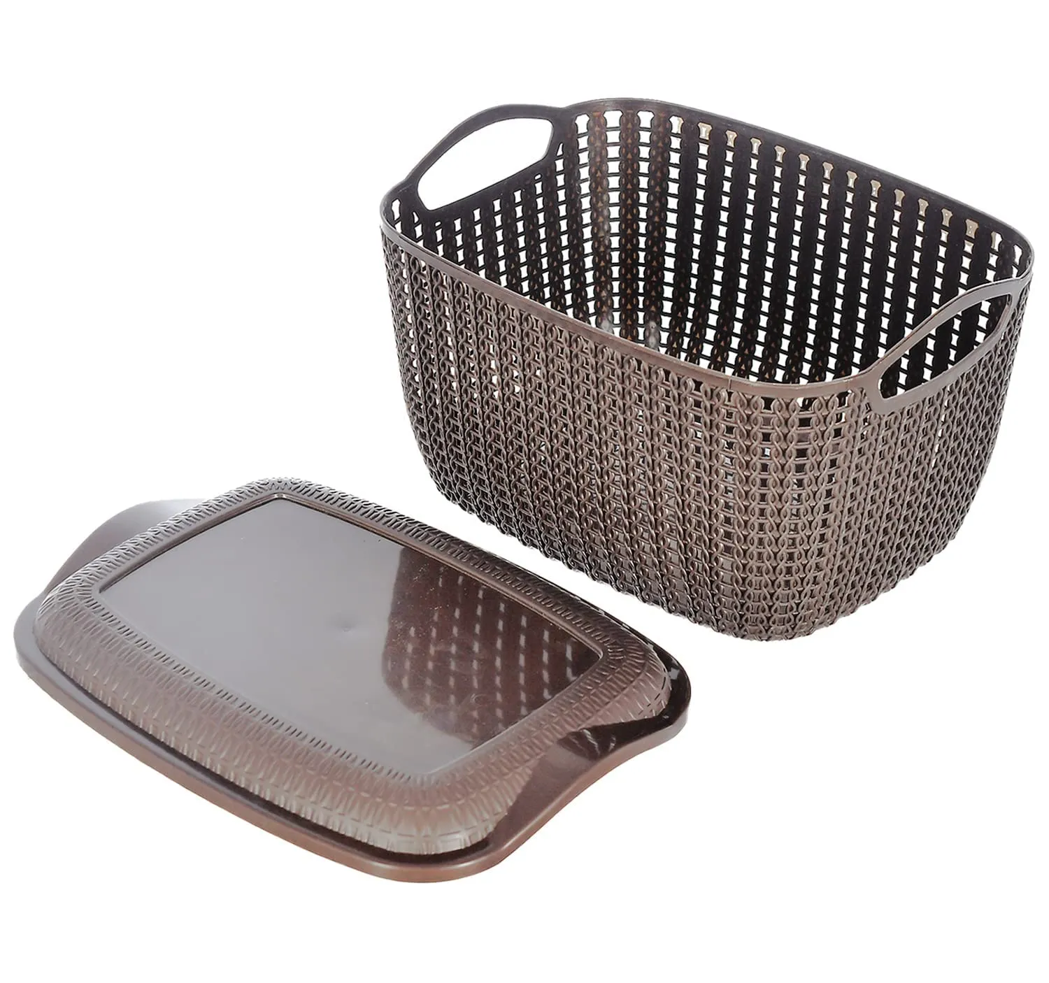 Kuber Industries Multiuses Large M 30 Plastic Basket/Organizer With Lid- Pack of 3 (Brown) -46KM09