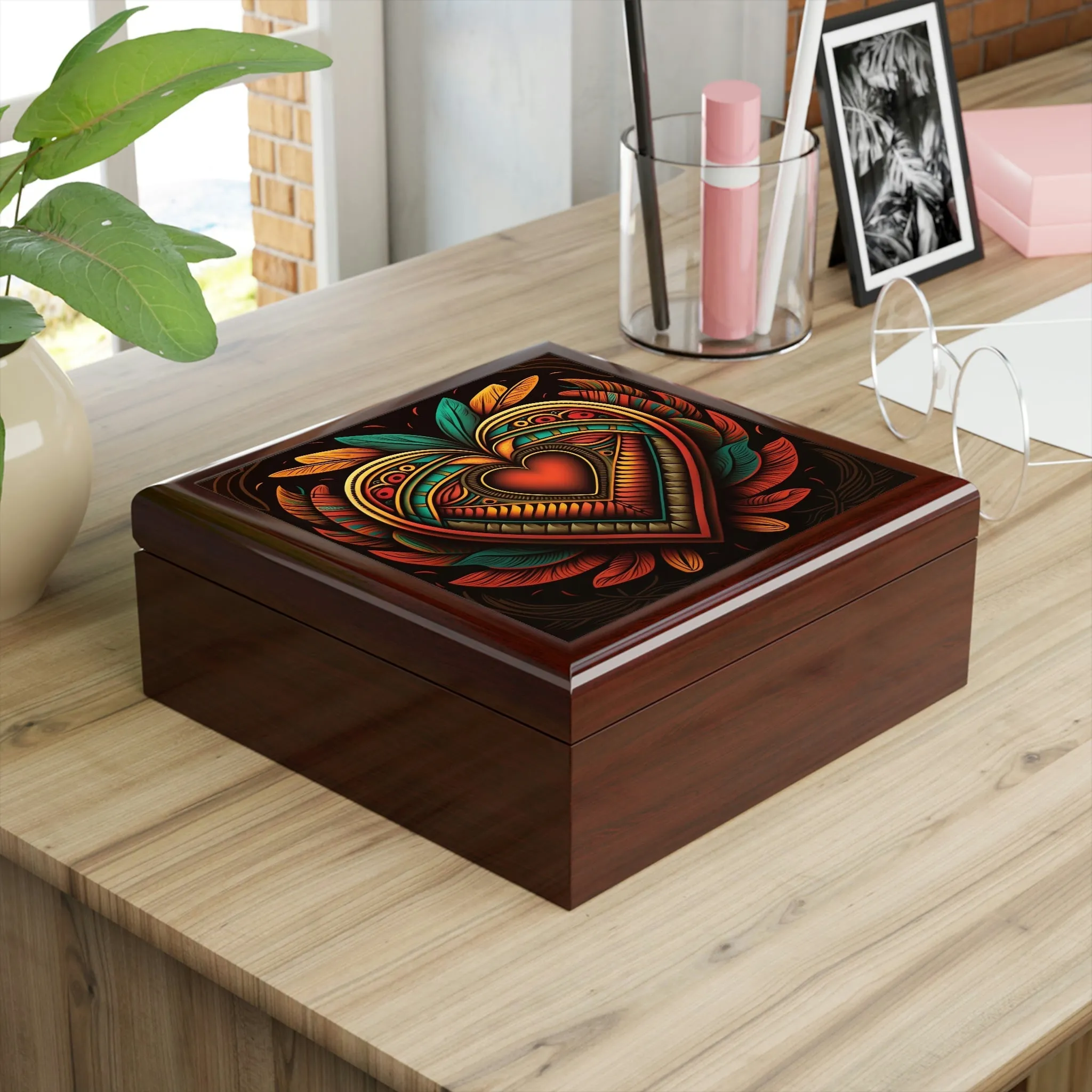 Mesoamerican Wood Keepsake Jewelry Box with Ceramic Tile Cover