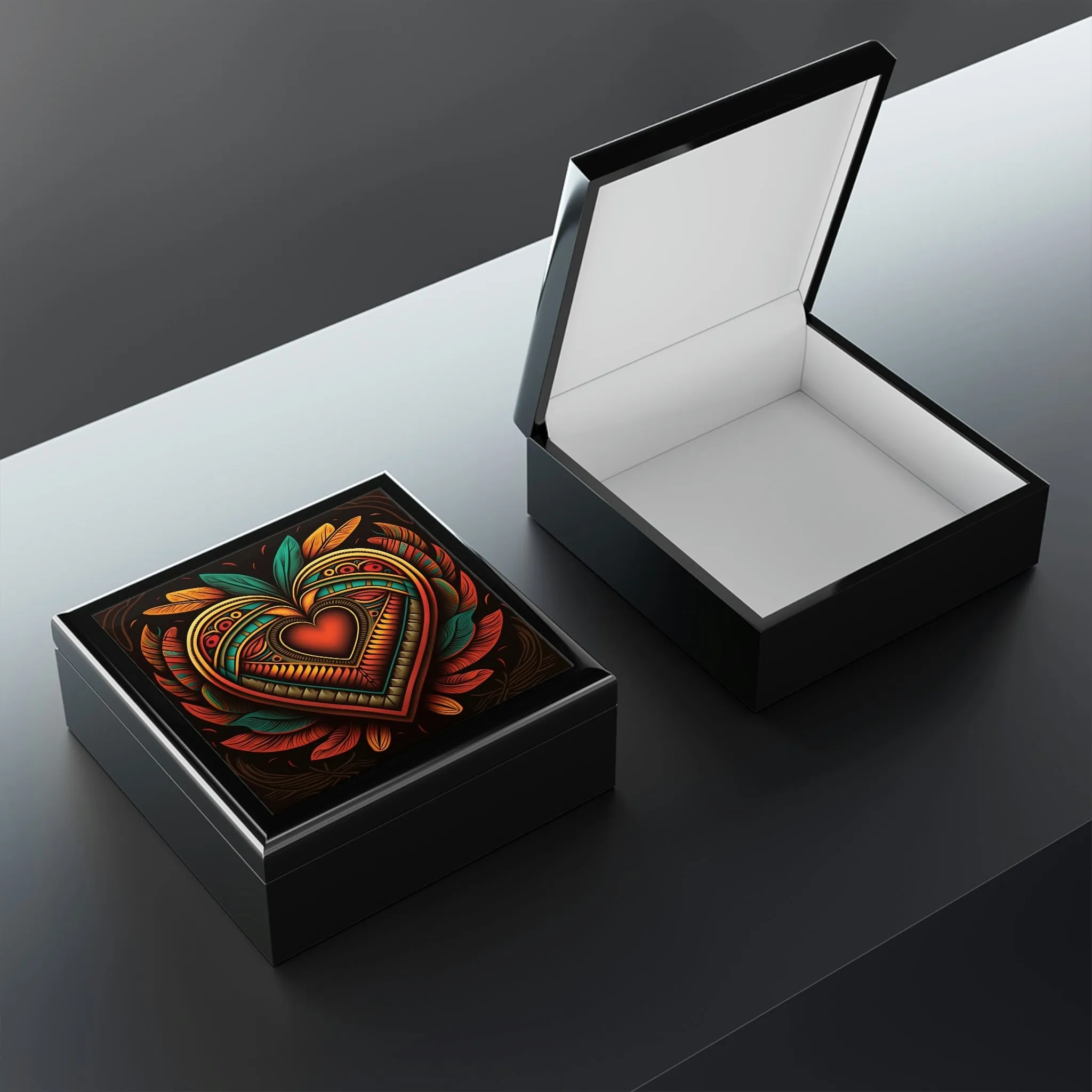 Mesoamerican Wood Keepsake Jewelry Box with Ceramic Tile Cover