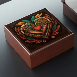 Mesoamerican Wood Keepsake Jewelry Box with Ceramic Tile Cover