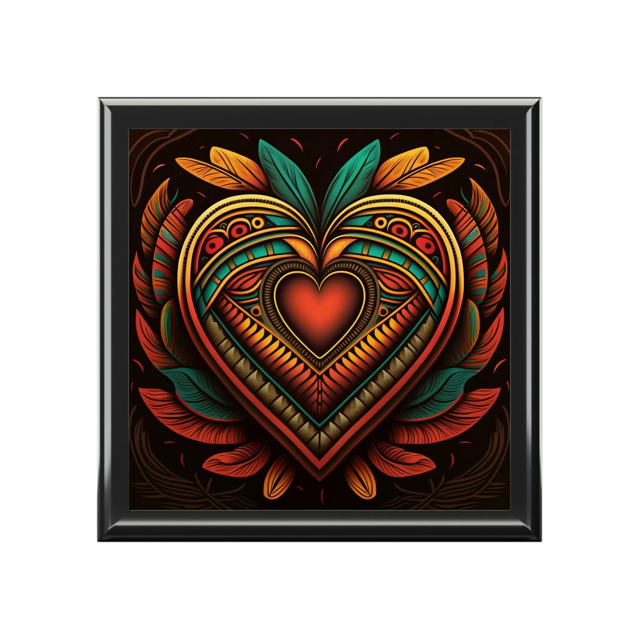Mesoamerican Wood Keepsake Jewelry Box with Ceramic Tile Cover