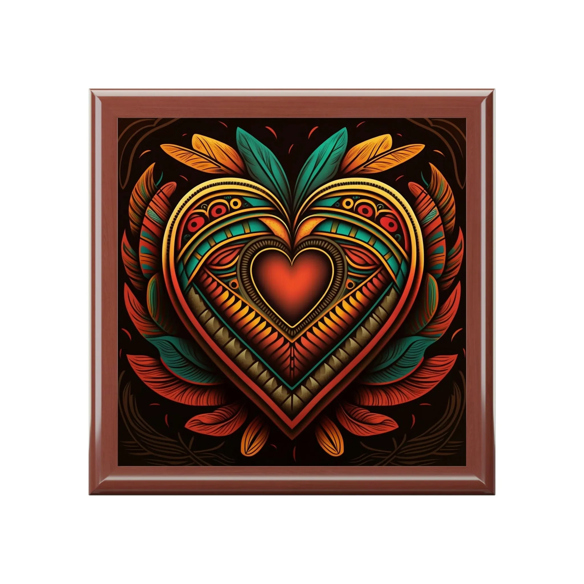 Mesoamerican Wood Keepsake Jewelry Box with Ceramic Tile Cover