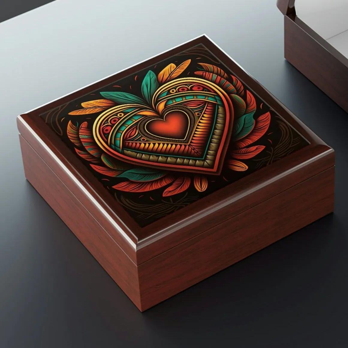 Mesoamerican Wood Keepsake Jewelry Box with Ceramic Tile Cover