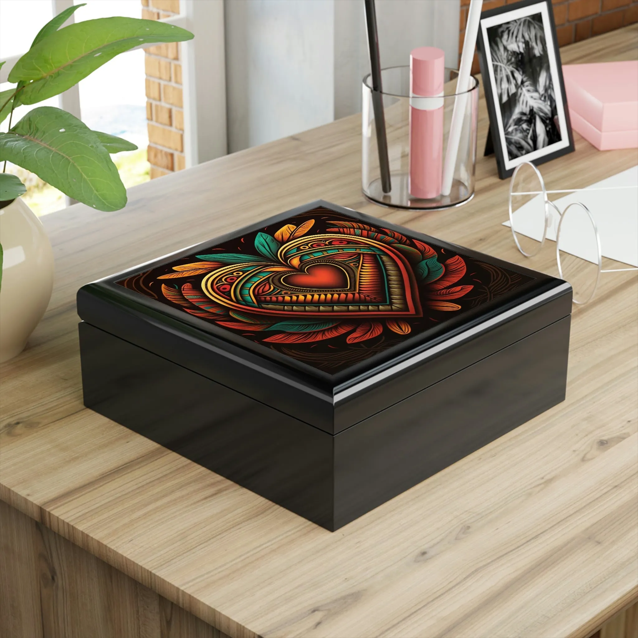 Mesoamerican Wood Keepsake Jewelry Box with Ceramic Tile Cover