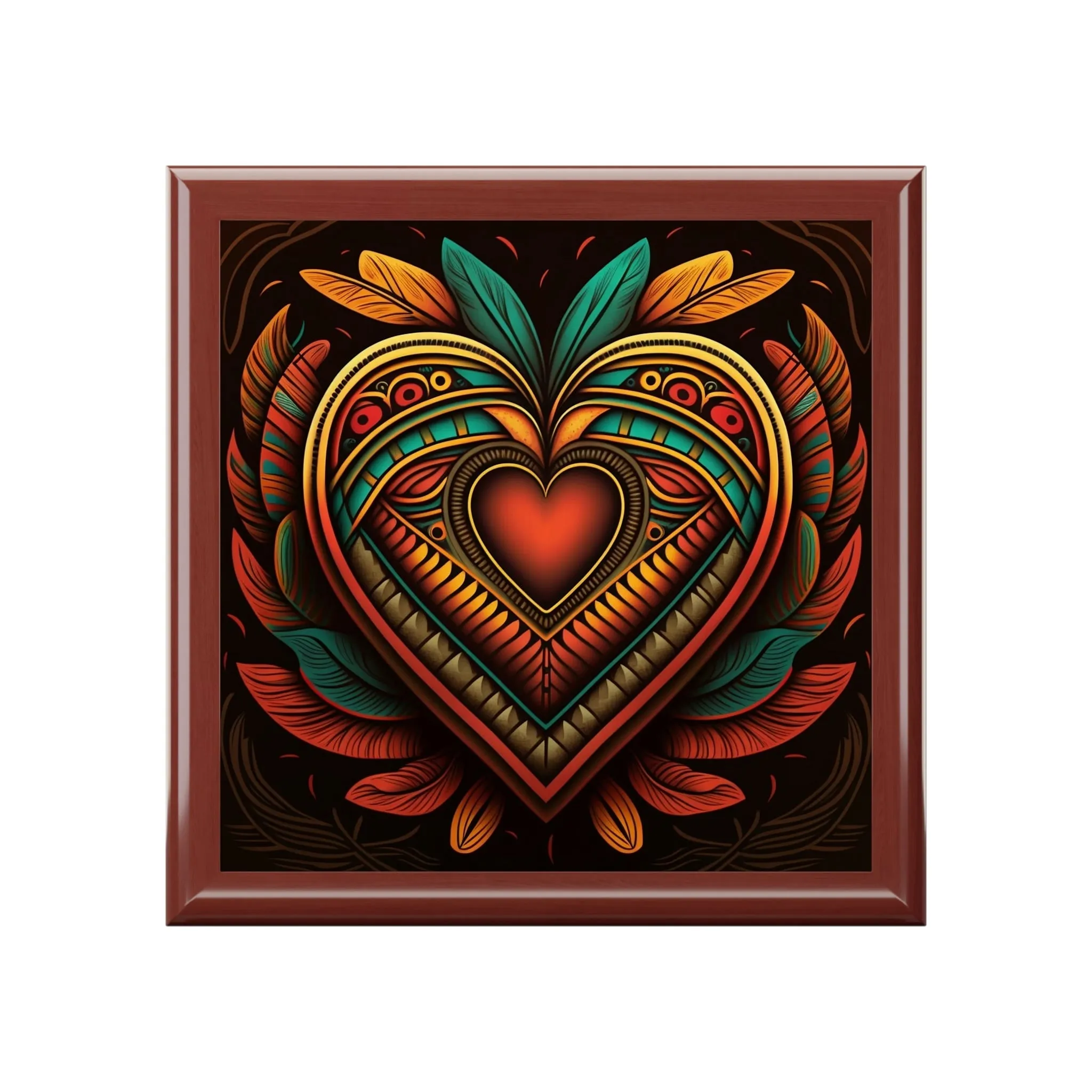 Mesoamerican Wood Keepsake Jewelry Box with Ceramic Tile Cover