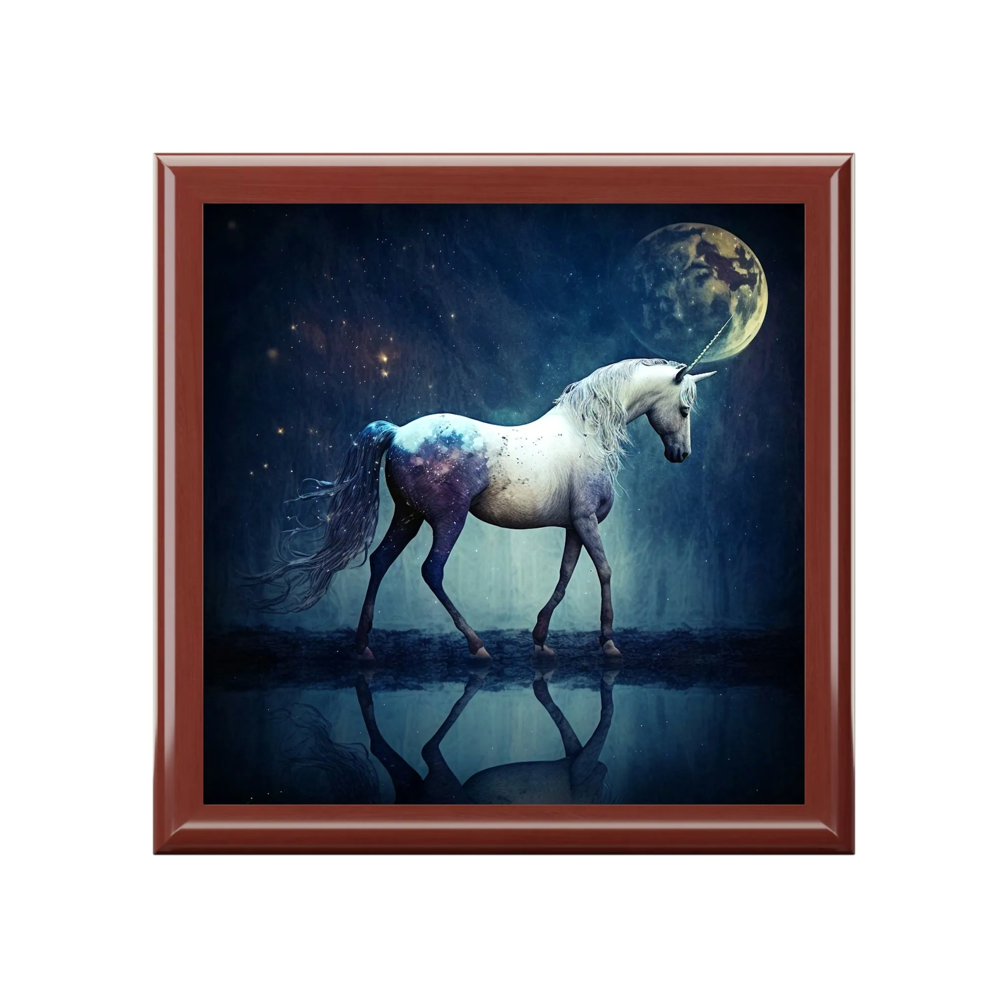 Midnight Unicorn Wooden Keepsake Jewelry Box with Ceramic Tile Cover