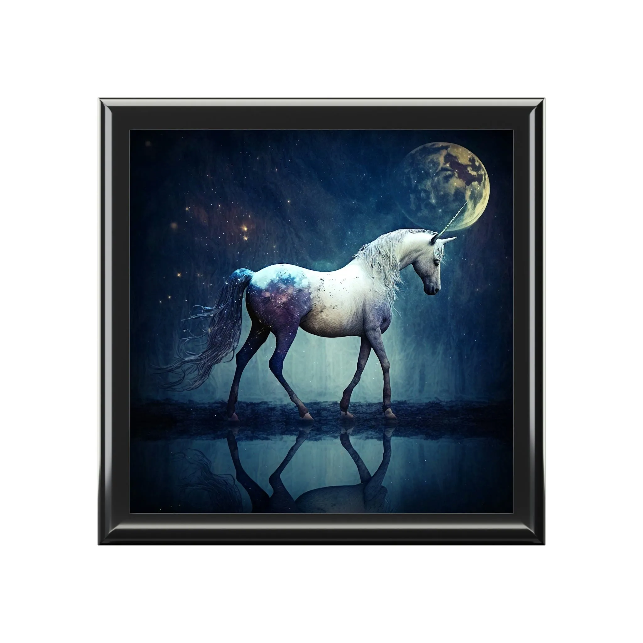 Midnight Unicorn Wooden Keepsake Jewelry Box with Ceramic Tile Cover