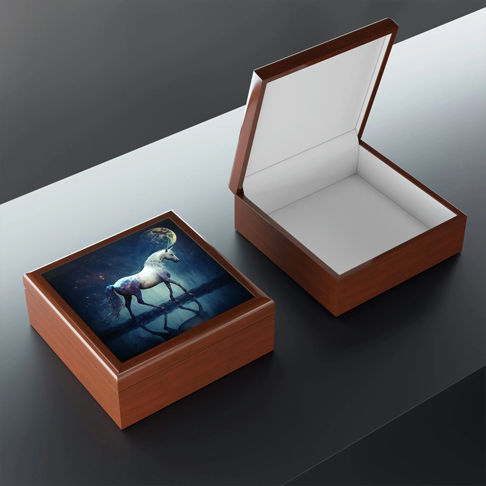 Midnight Unicorn Wooden Keepsake Jewelry Box with Ceramic Tile Cover