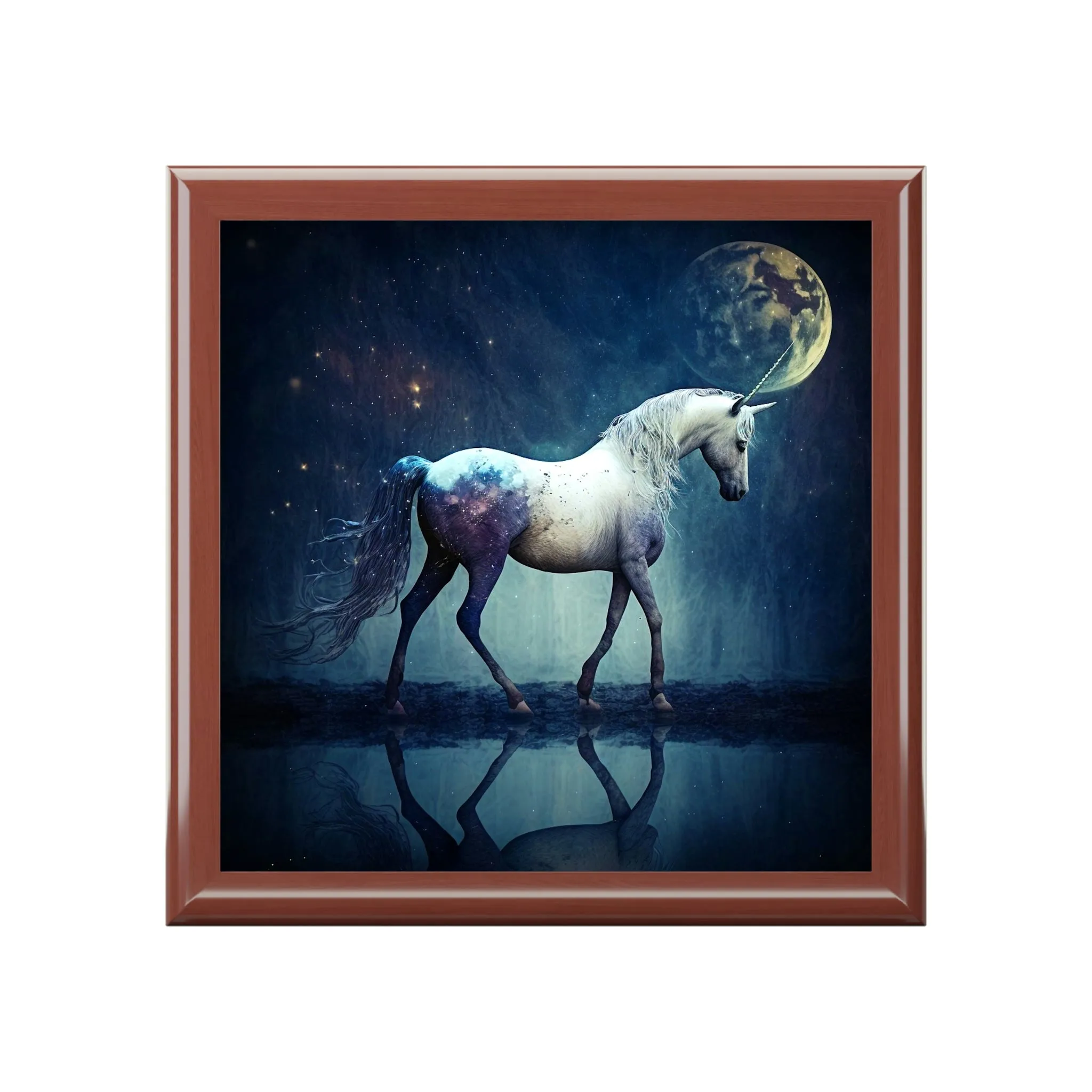 Midnight Unicorn Wooden Keepsake Jewelry Box with Ceramic Tile Cover