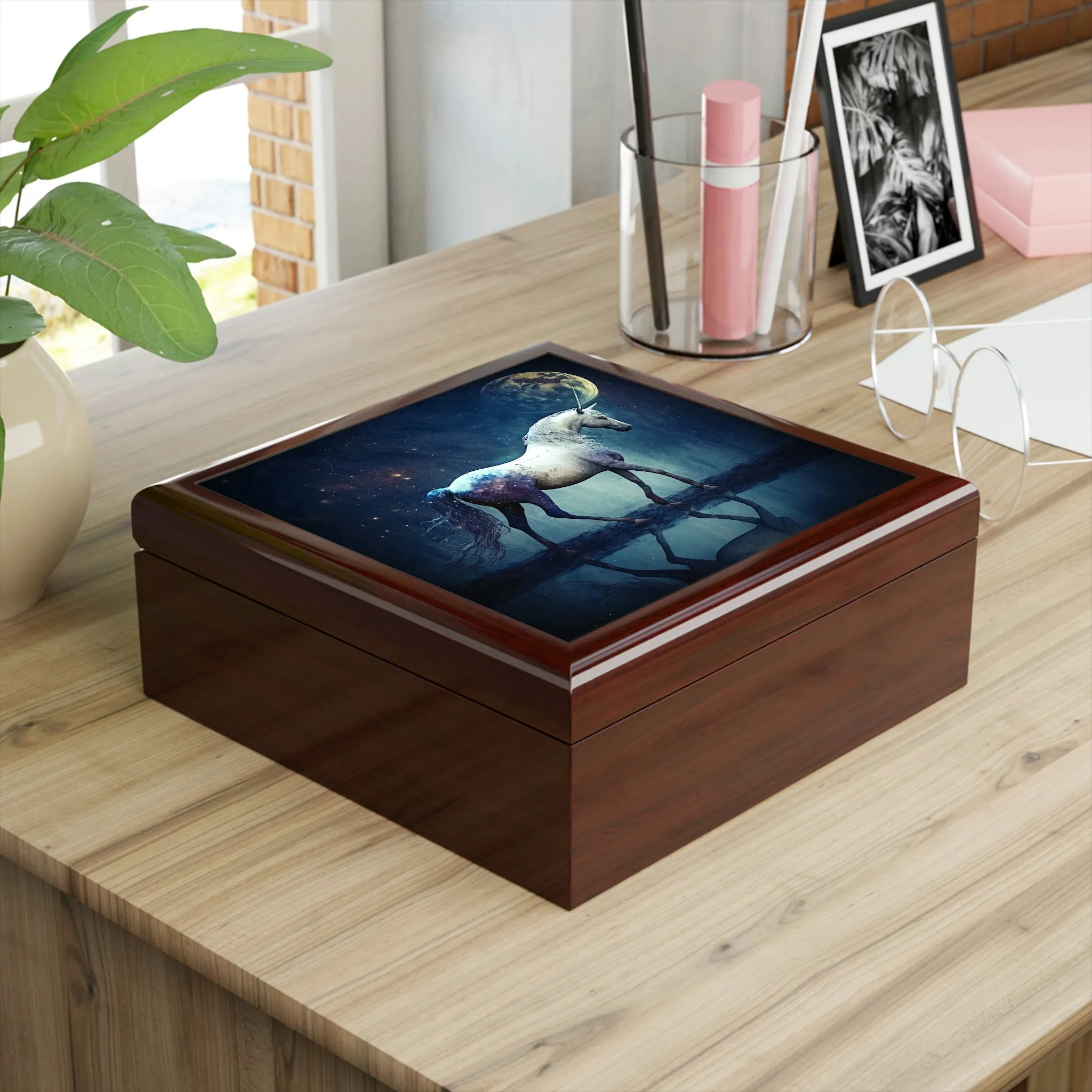 Midnight Unicorn Wooden Keepsake Jewelry Box with Ceramic Tile Cover