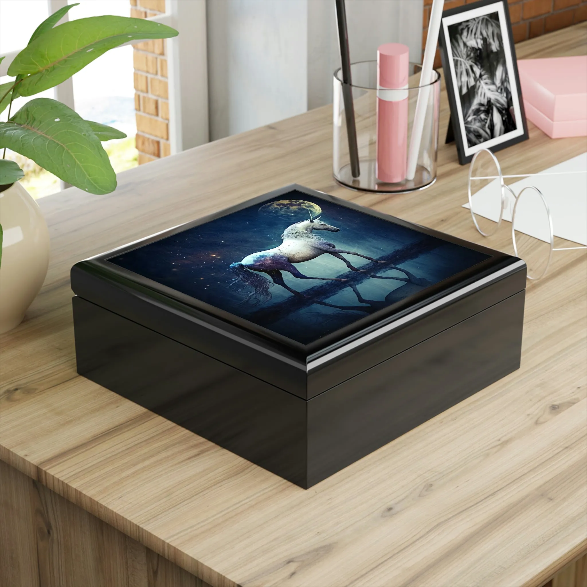 Midnight Unicorn Wooden Keepsake Jewelry Box with Ceramic Tile Cover