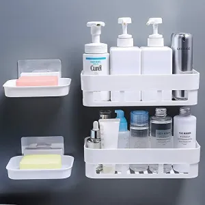 MorivaHomes Self Adhesive Multipurpose Wall Mount Bathroom Shelf and Soap Dish Holder Bathroom Accessories Rack Organiser (2 Bathroom Shelves & 2 Soap Dish Holder), Food Garde Plastic