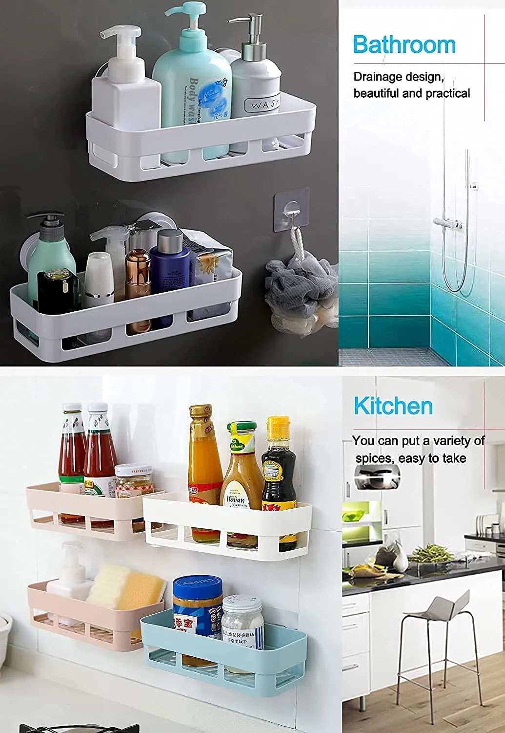 MorivaHomes Self Adhesive Multipurpose Wall Mount Bathroom Shelf and Soap Dish Holder Bathroom Accessories Rack Organiser (2 Bathroom Shelves & 2 Soap Dish Holder), Food Garde Plastic